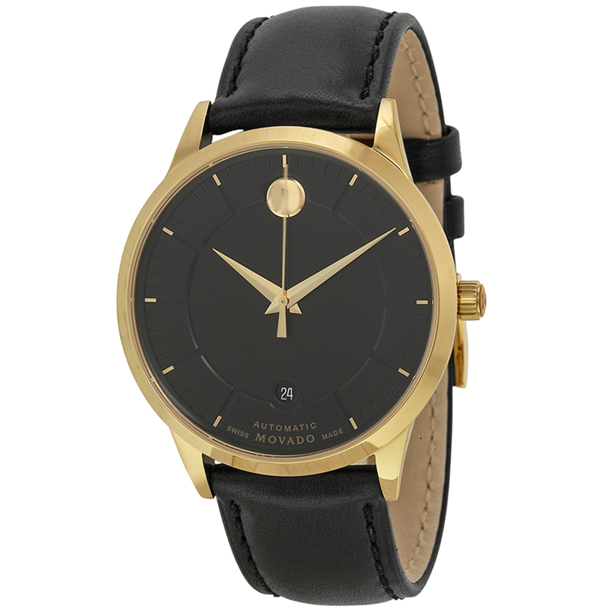 Movado 0606875 Movado 1881 Swiss Automatic Gold Tone Black Dial Leather Strap