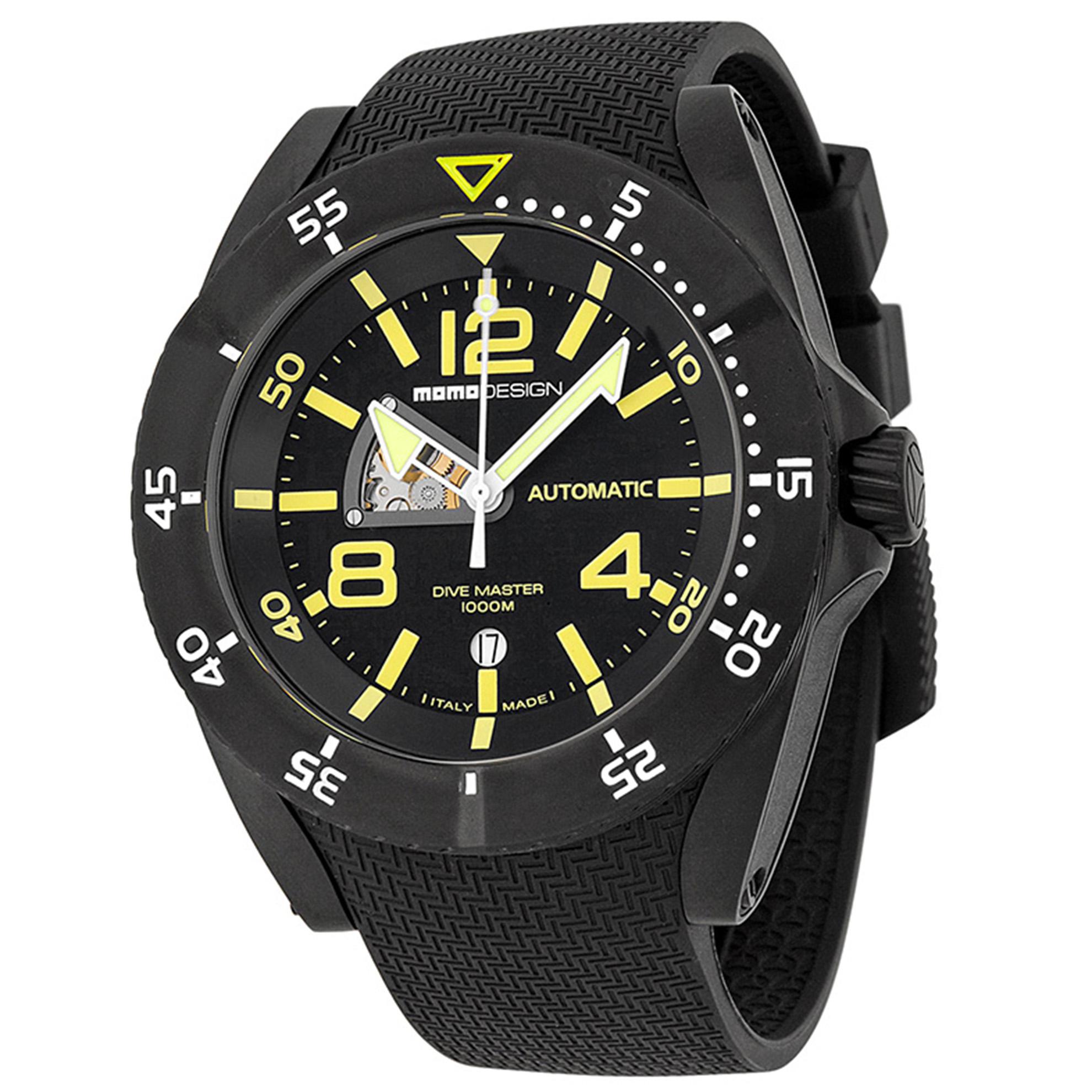 MOMO Design MD279BK21 Momo Design Dive Master Swiss Automatic Black Dial Yellow Markers Rubber Strap