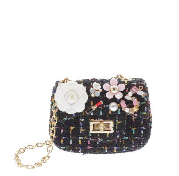 B9546-OS-BLACK Raw 7 by Doe A Dear Small Crossbody Tweed Purse with Applique - Black