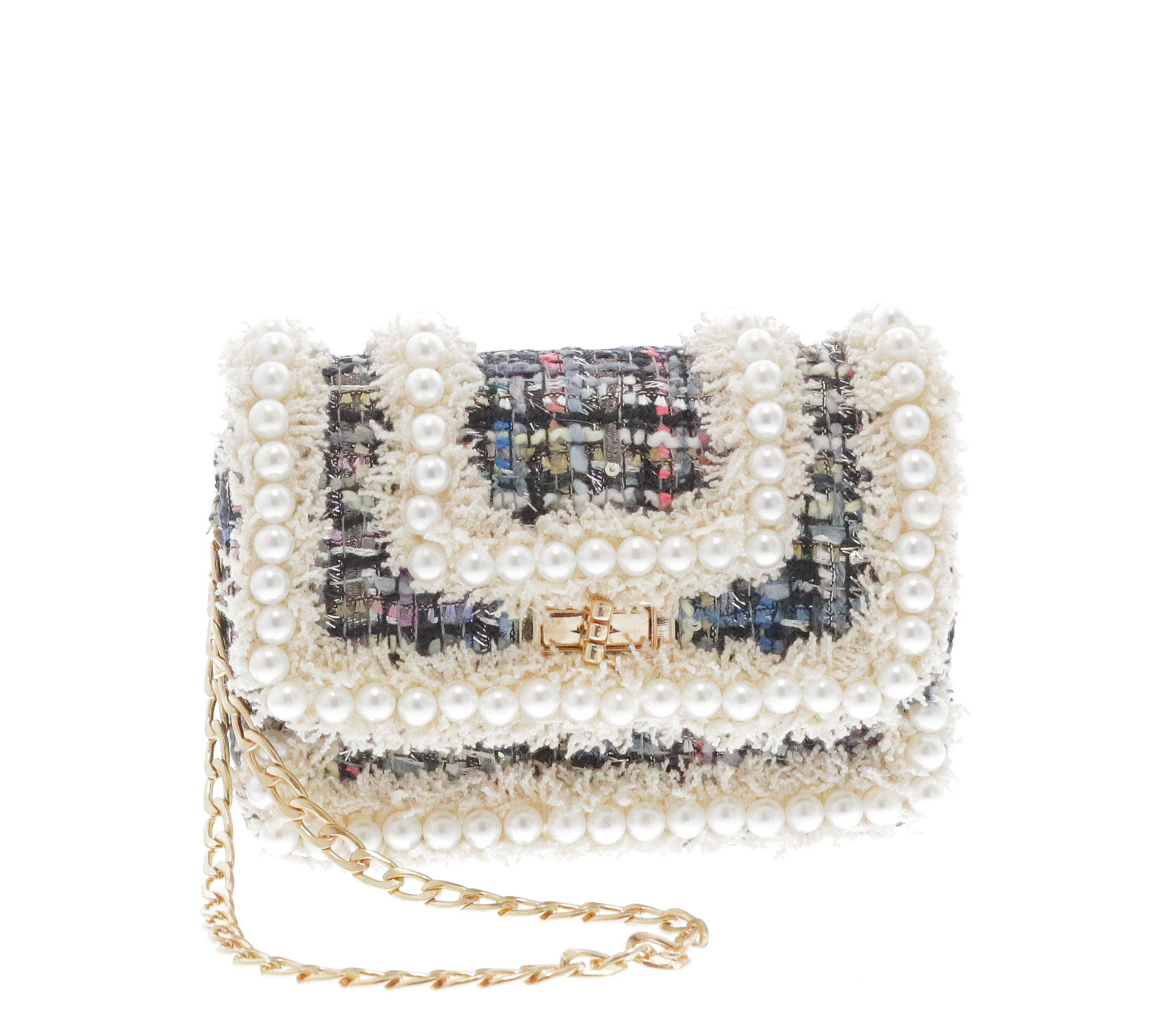 B9544-OS-BLACK Raw 7 by Doe A Dear Tweed Crossbody Bag with All Around Pearl Detailing - Black