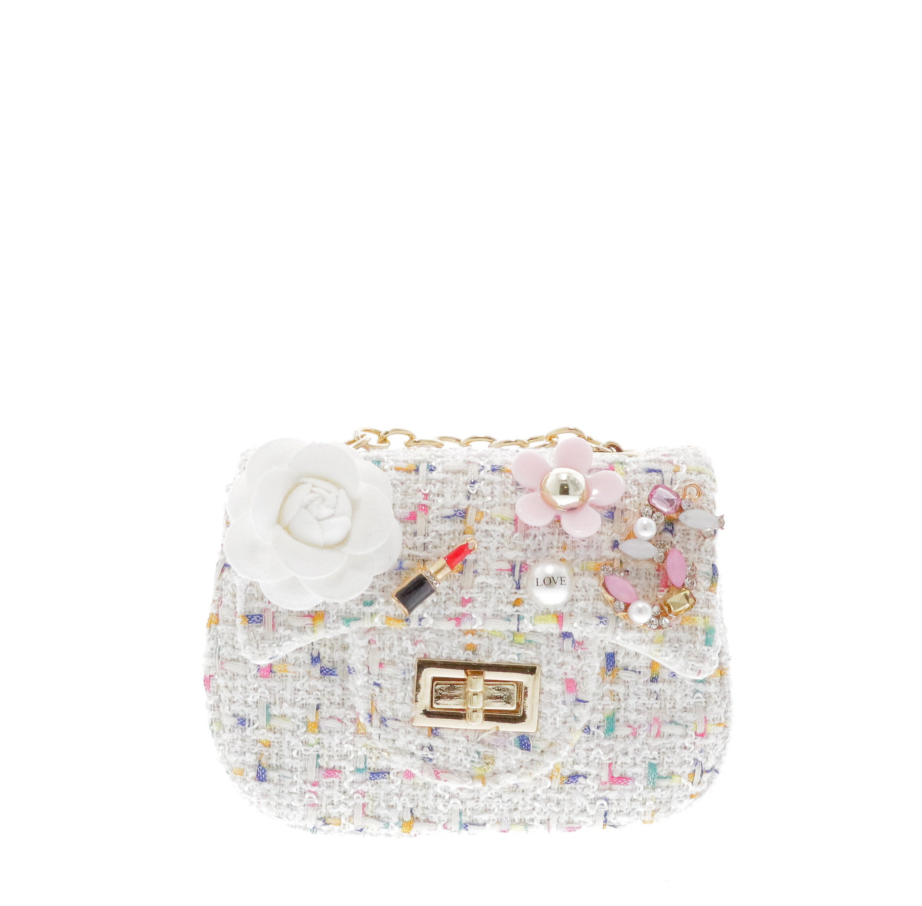 B9546-OS-WHITE Raw 7 by Doe A Dear Small Crossbody Tweed Purse with Applique - White