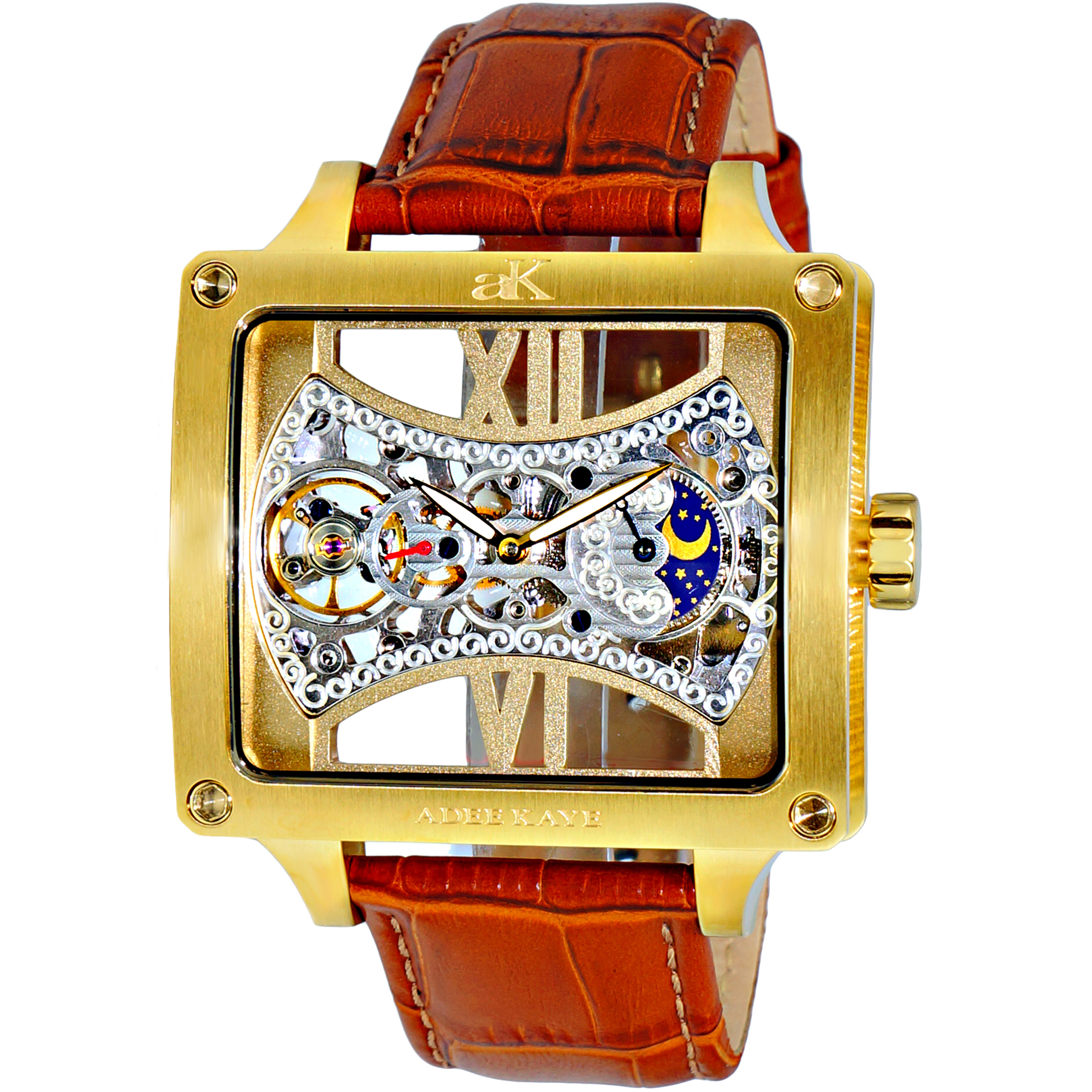 Adee Kaye AK2297-MG Adee Kaye Skeleton 18 Jewels Automatic Moonphase Gold Brown Leather Strap