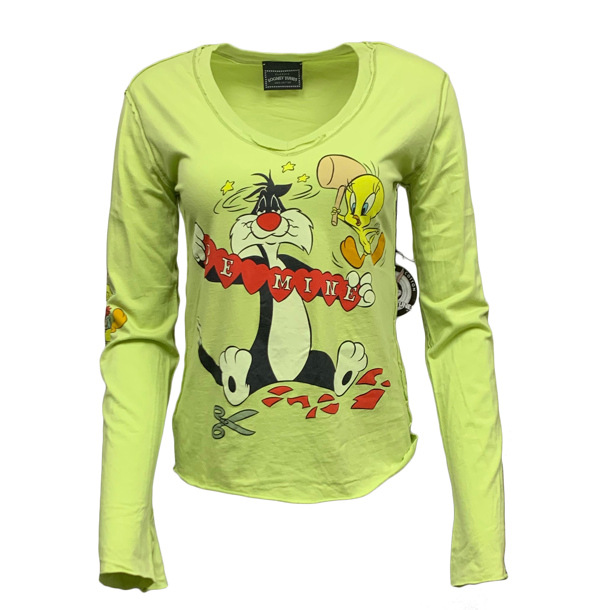 PTS79-SYL-GREEN Looney Tunes Women's Sylvester & Tweety Long Sleeve  V-Neck T-Shirt Green