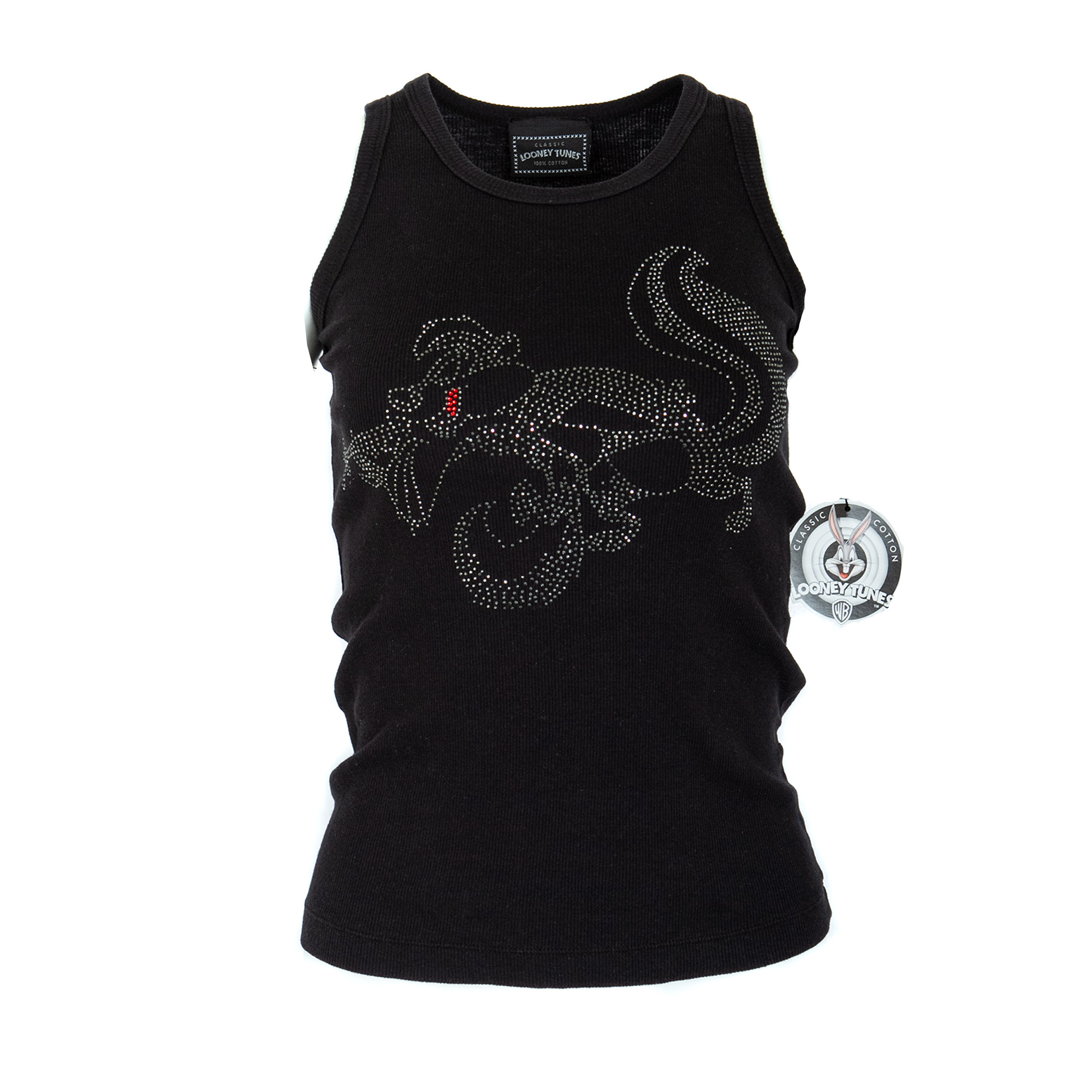 Looney Tunes PHST75_BLACK_PEPE Raw7 Women's Looney Tunes Pepe Le Pew Tank Top Black with Rhinestones 100% Cotton