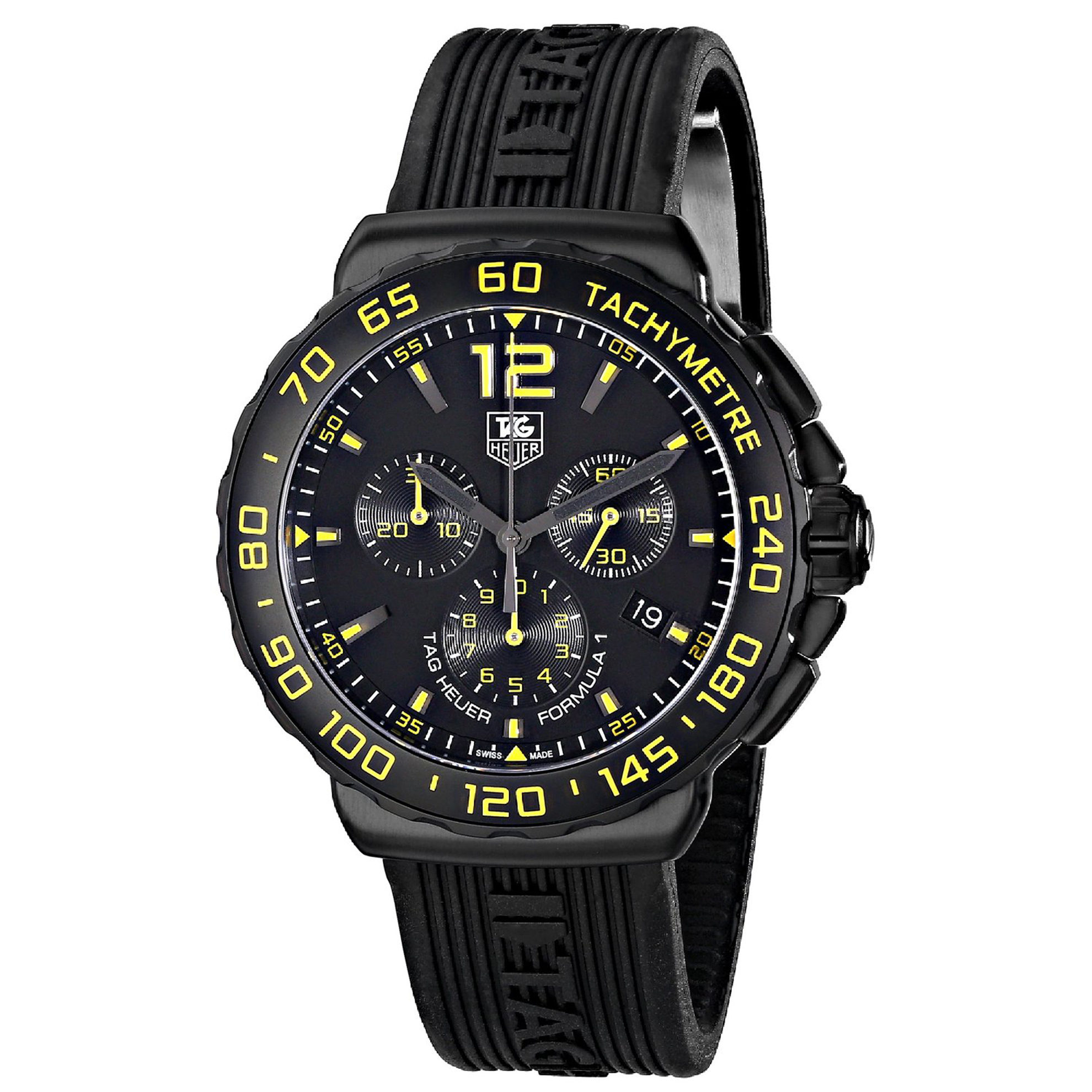 Tag Heuer CAU111E.FT6024 TAG Heuer Formula 1 Chrono All Black Steel Coated Titanium Carbide Case Blk/Yel Dial Rubber Strap