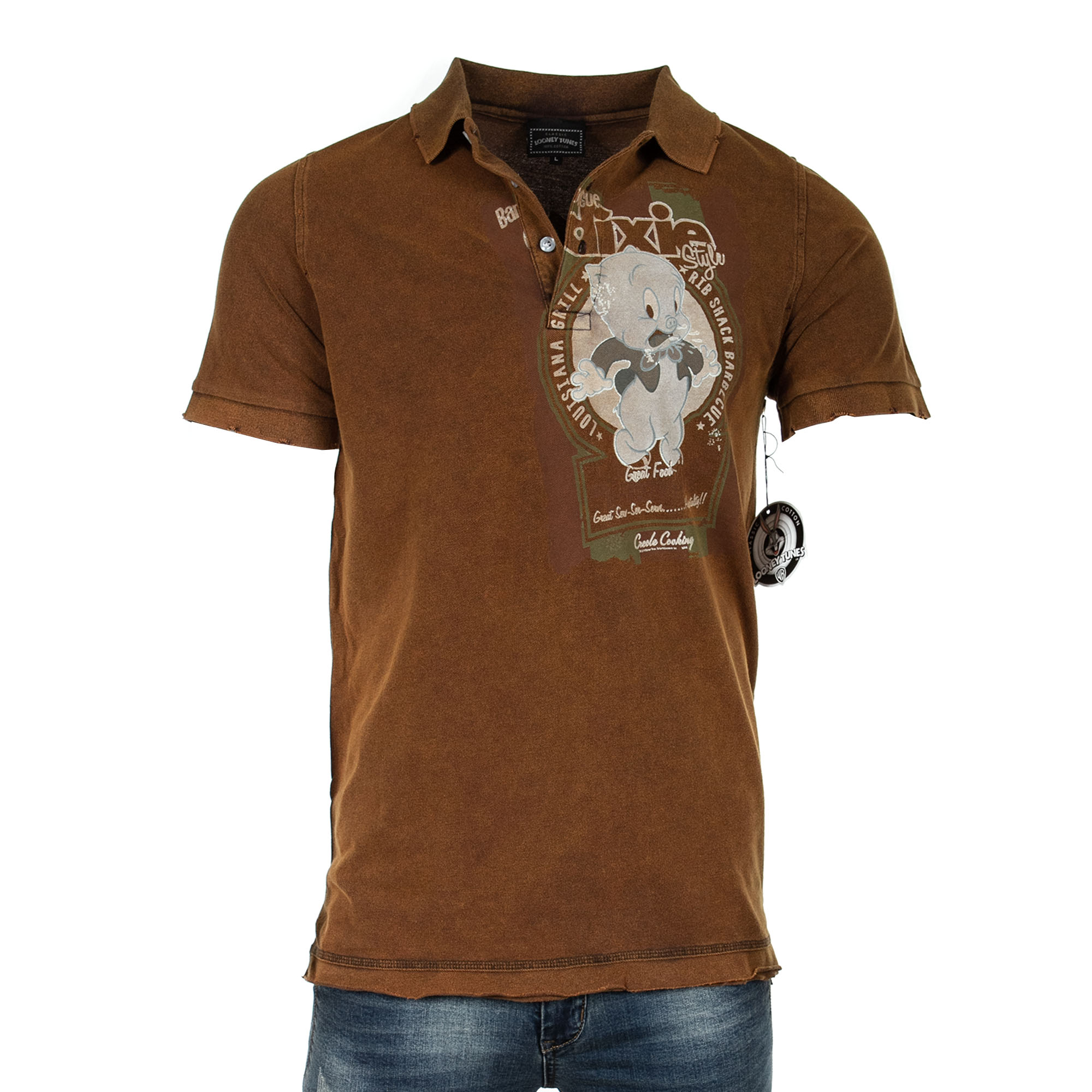 Raw7 Men's Looney Tunes Porky Pig Polo Brown Shirt, Price: $39