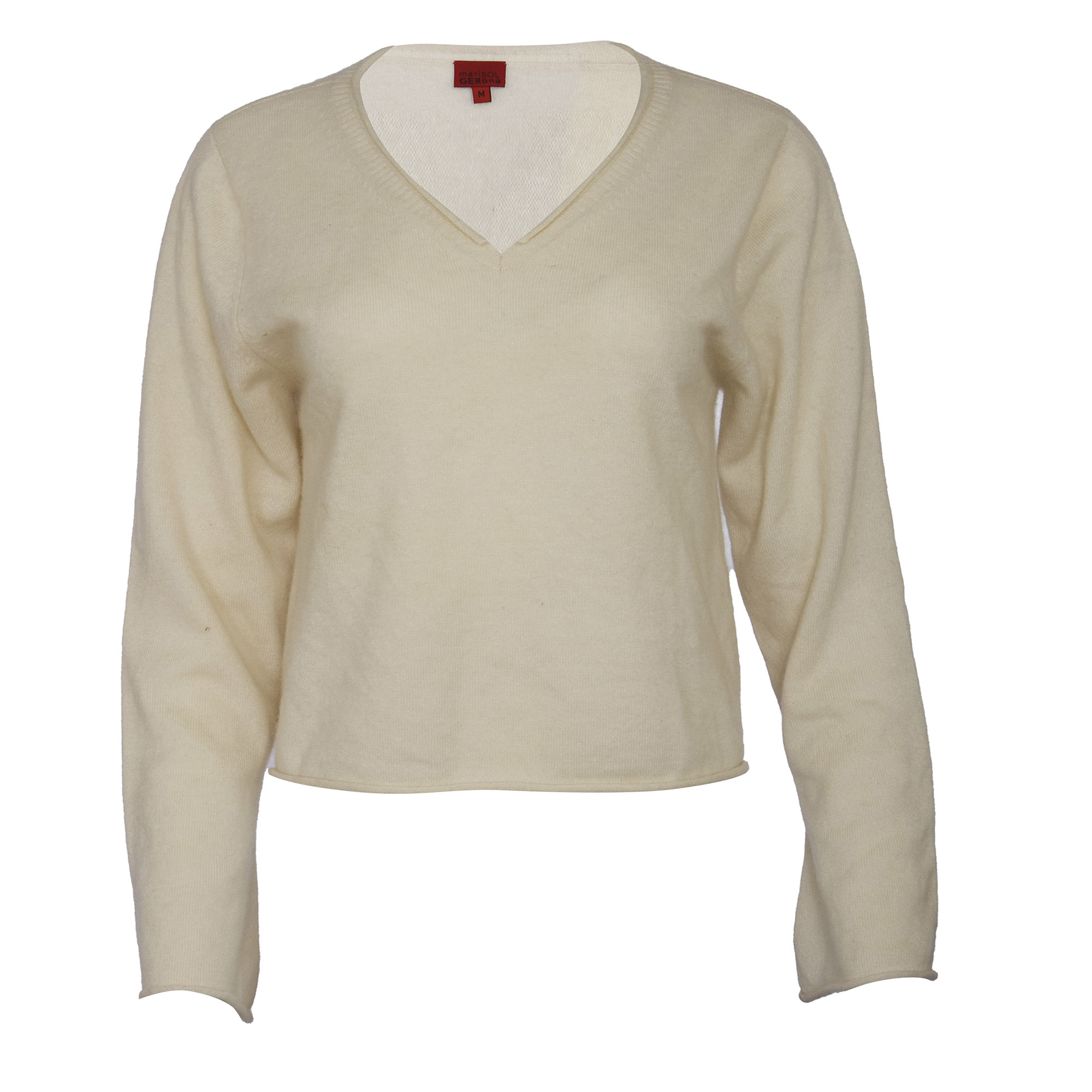 RAW 7 CSH_V_BEIGE Marisol GERona Women's Cashmere V-Neck Sweter - Ivory