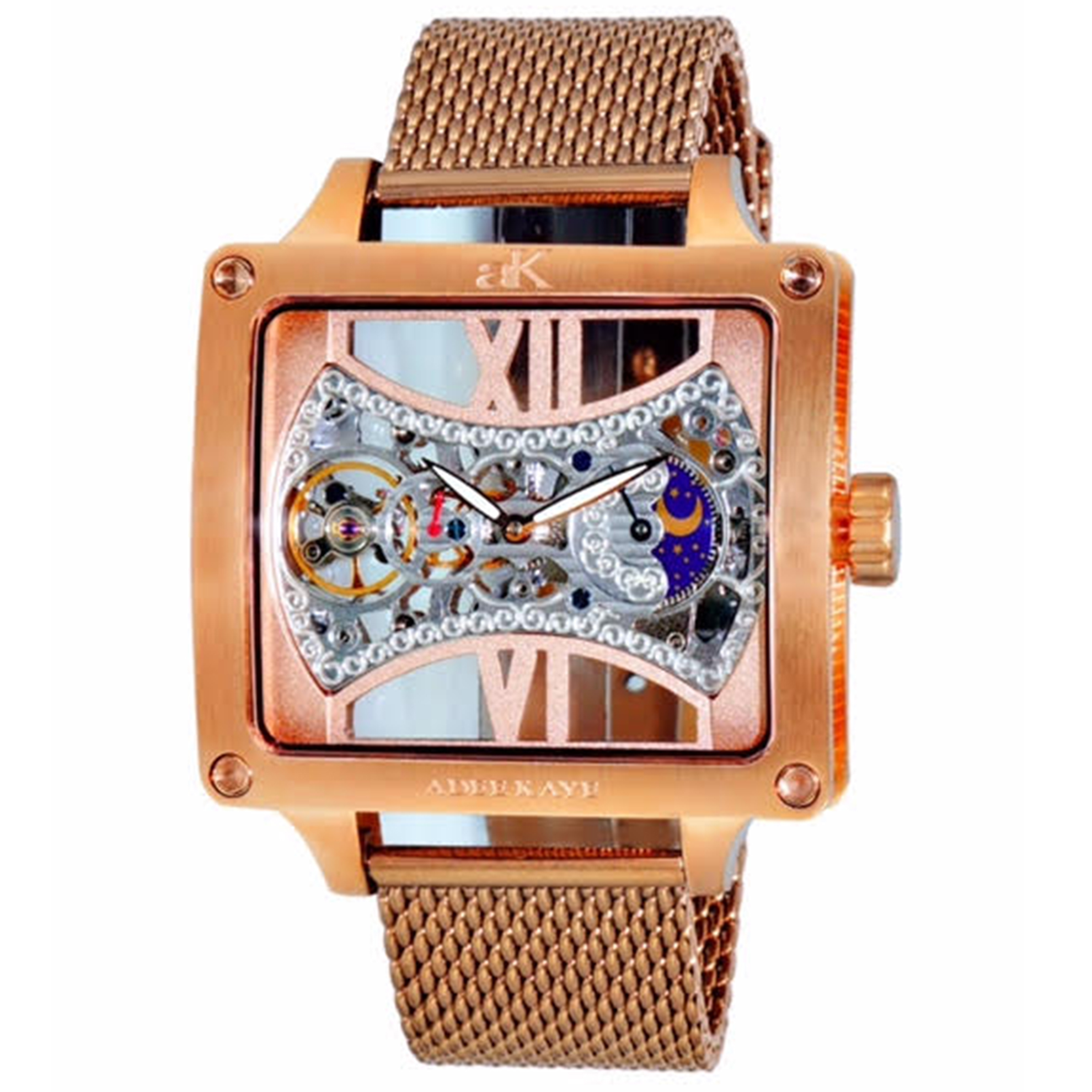 Adee Kaye AK2297-MRG_MESH Adee Kaye Skeleton 18 Jewels Automatic Moonphase Rose Gold Mesh Band