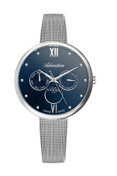 Adriatica Women Date/Day MoonPhase 39mm Blue Dial Swiss Made Stainless Steel Case, Price: $349