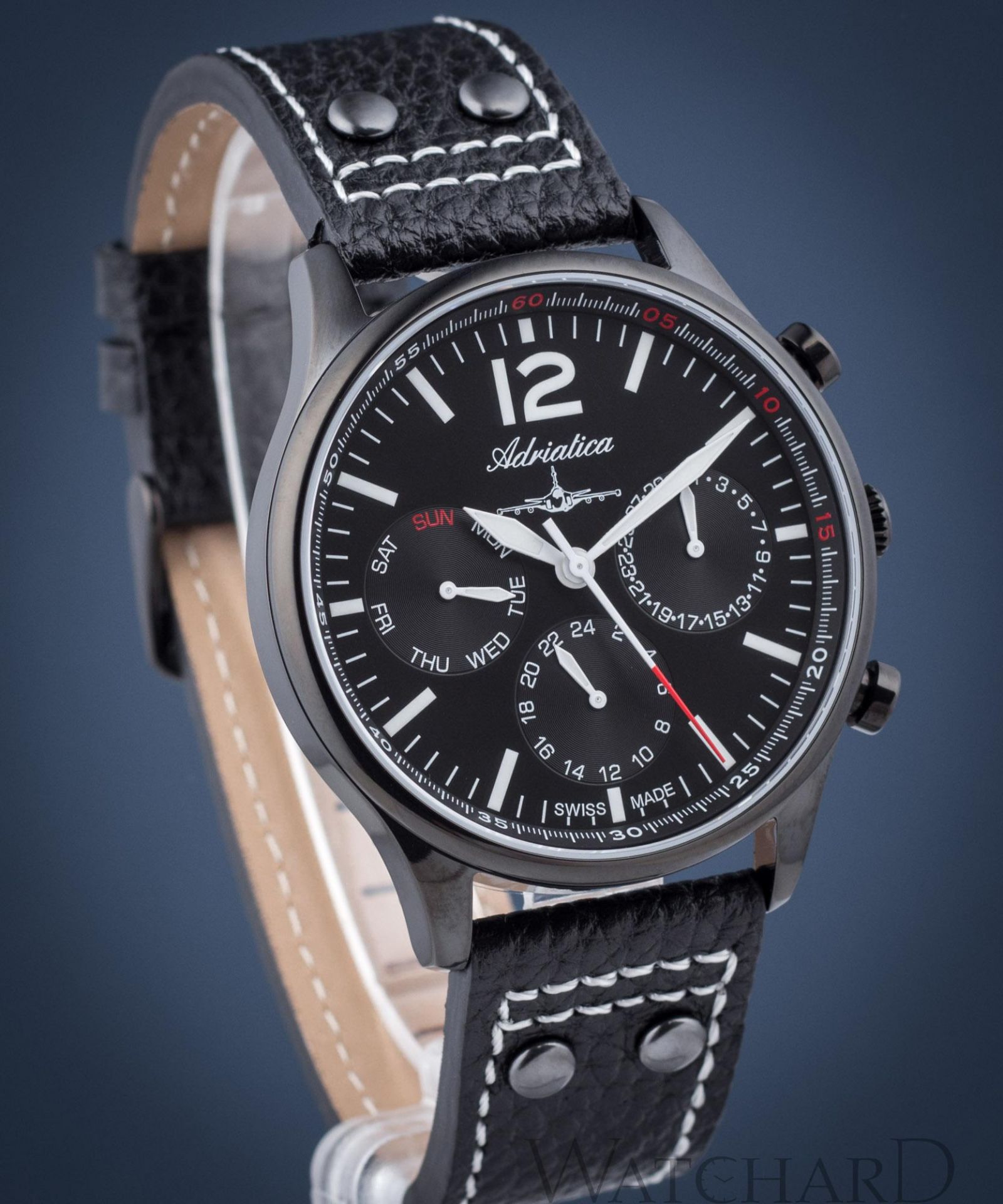 Adriatica A8268.B254QF Adriatica Limited Edition Swiss Made Multifunction Aviation Black IP Black Dial Black Leather Strap