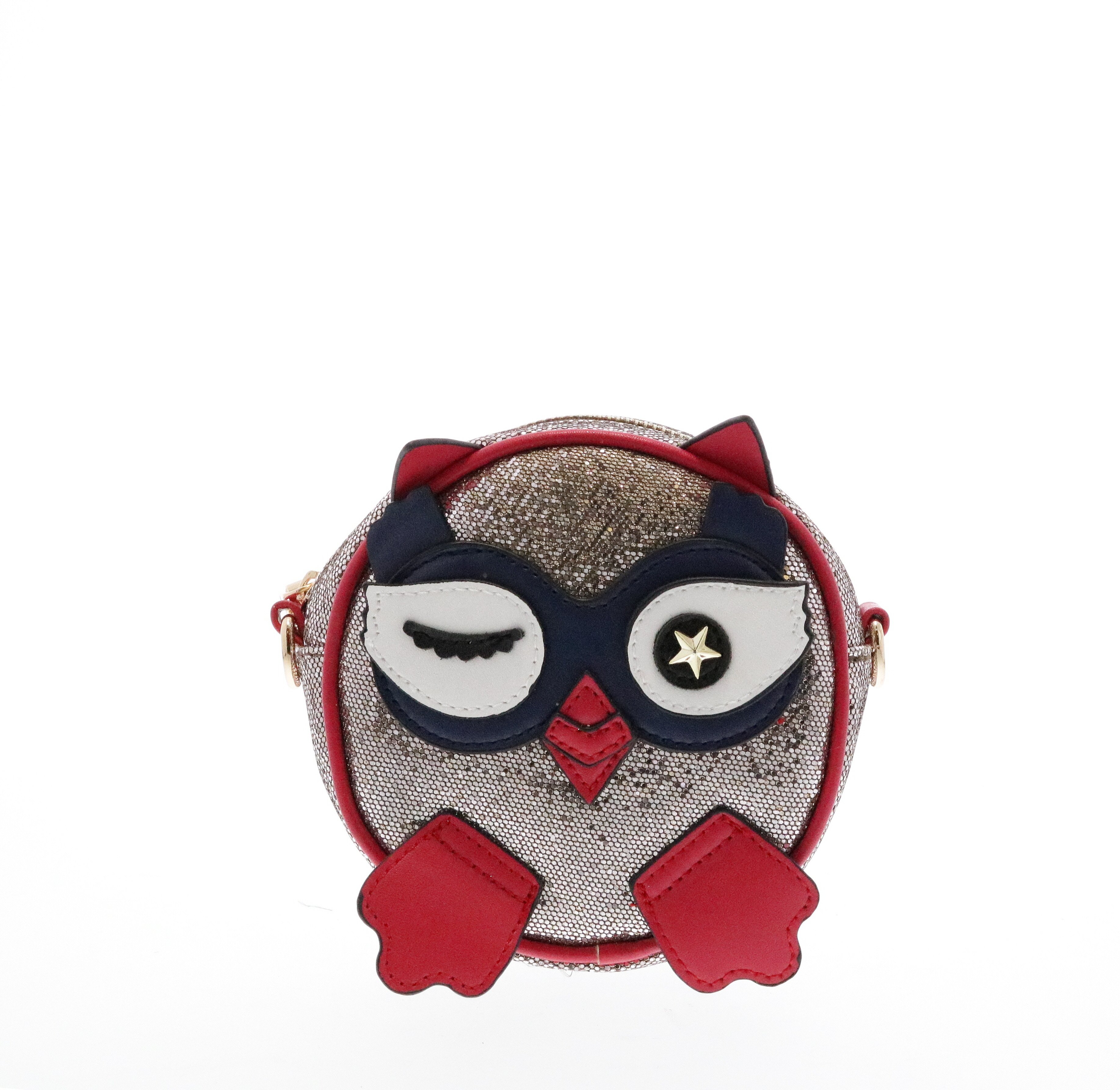 B9532-R-Red Raw 7 by Doe A Dear Red Winking Owl Round Crossbody Bag