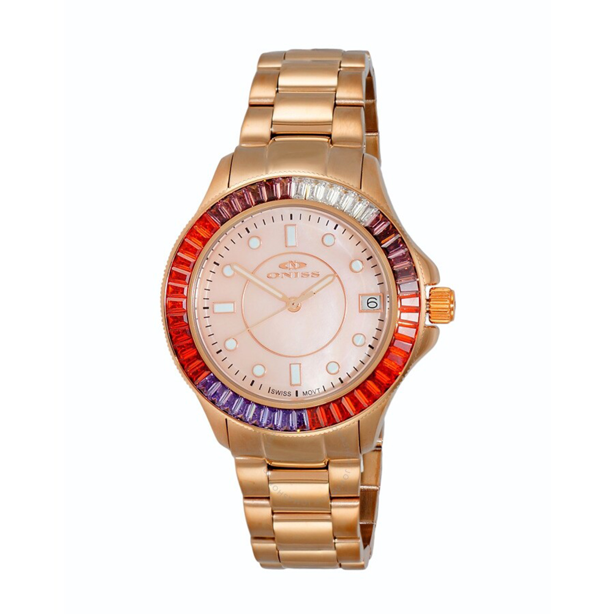 Oniss Ladies Swiss Movement Rose Gold Pink MOP Dial Multi Color Crystals, Price: $199