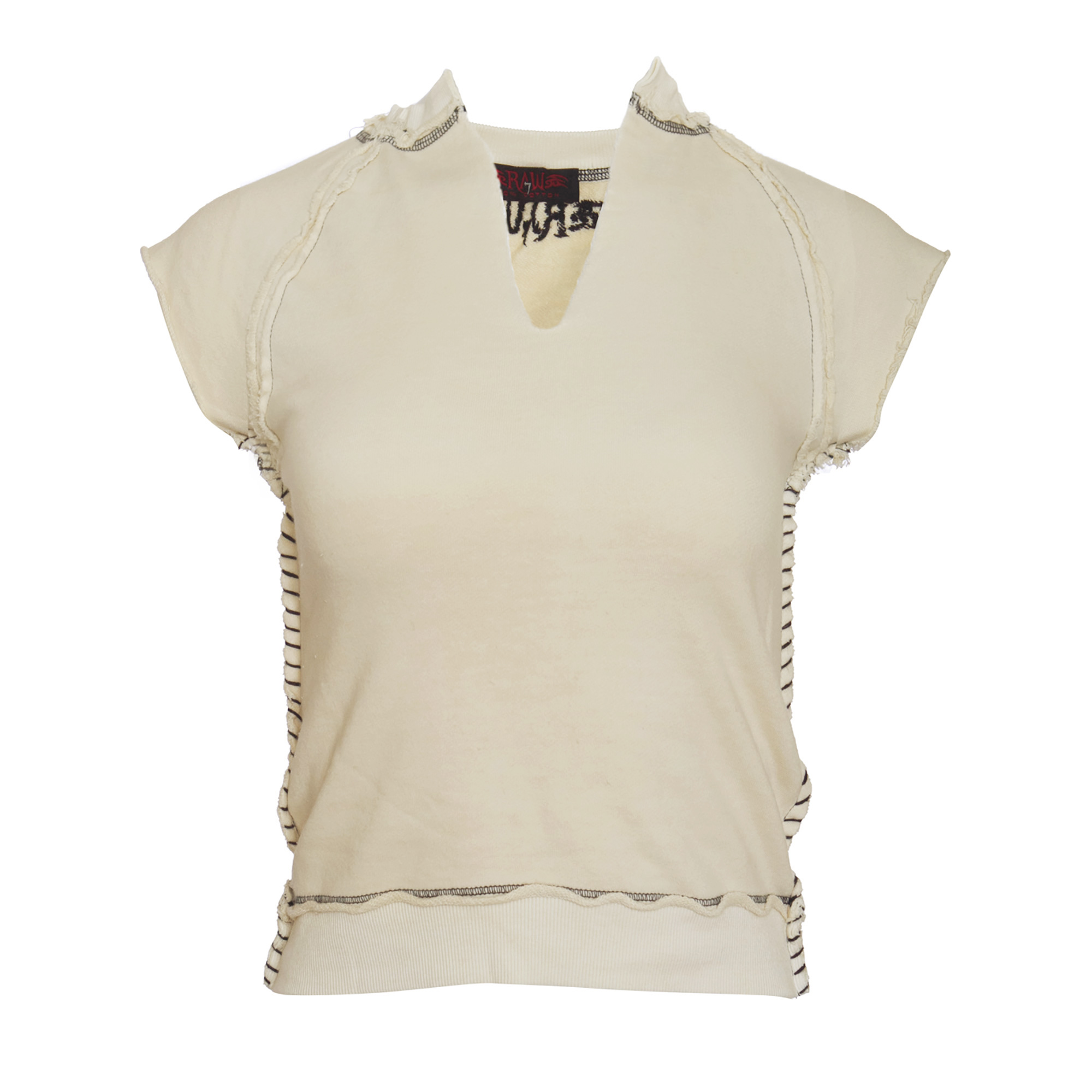 RAW 7 SWSRT102_STAR_SKULL_BEIGE RAW7 Women's Ivory Cut Off V-Neck Sweatshirt Short Sleeved - Skull
