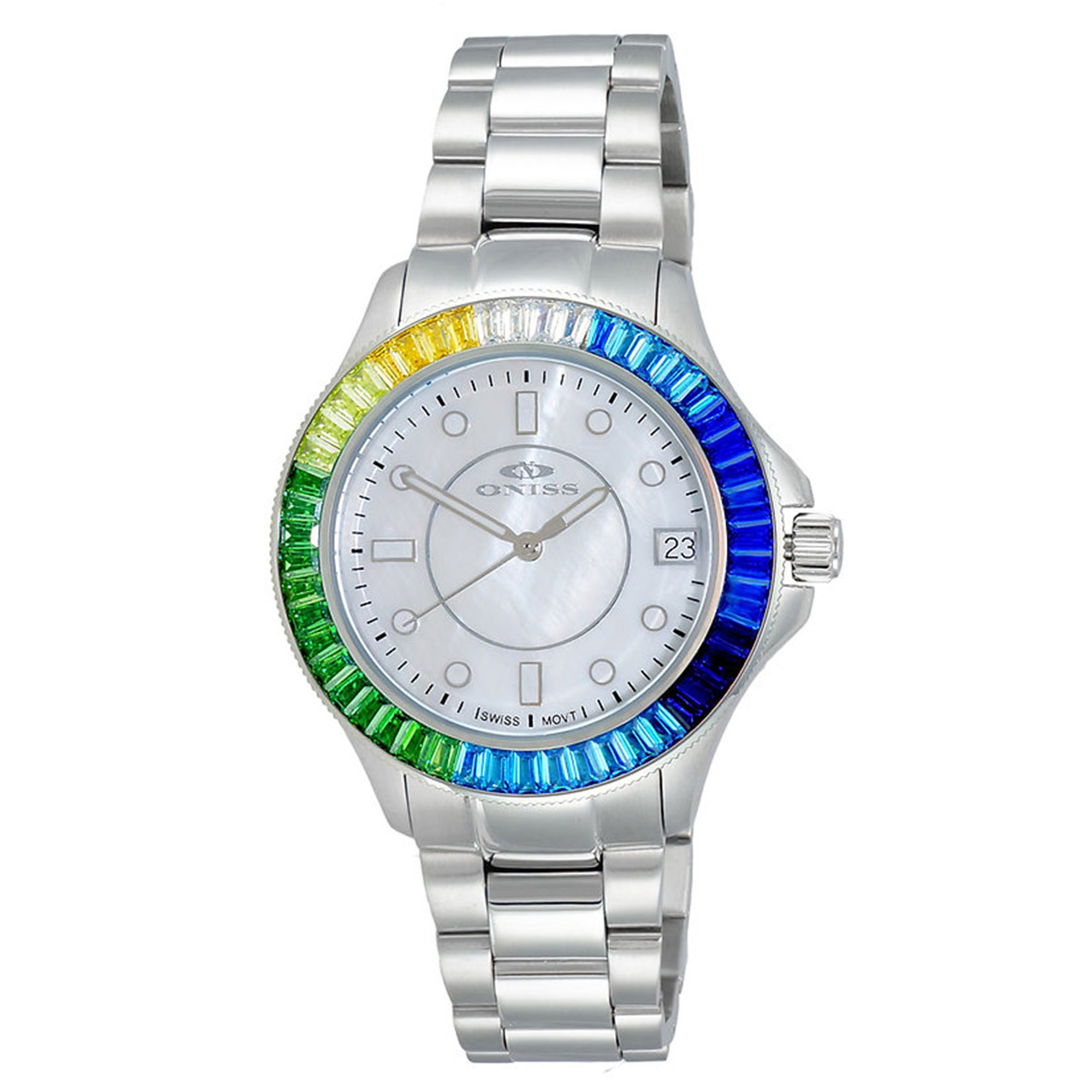 Oniss Ladies Swiss Movement Stainless Steel White MOP Dial Multi Color Crystal, Price: $189