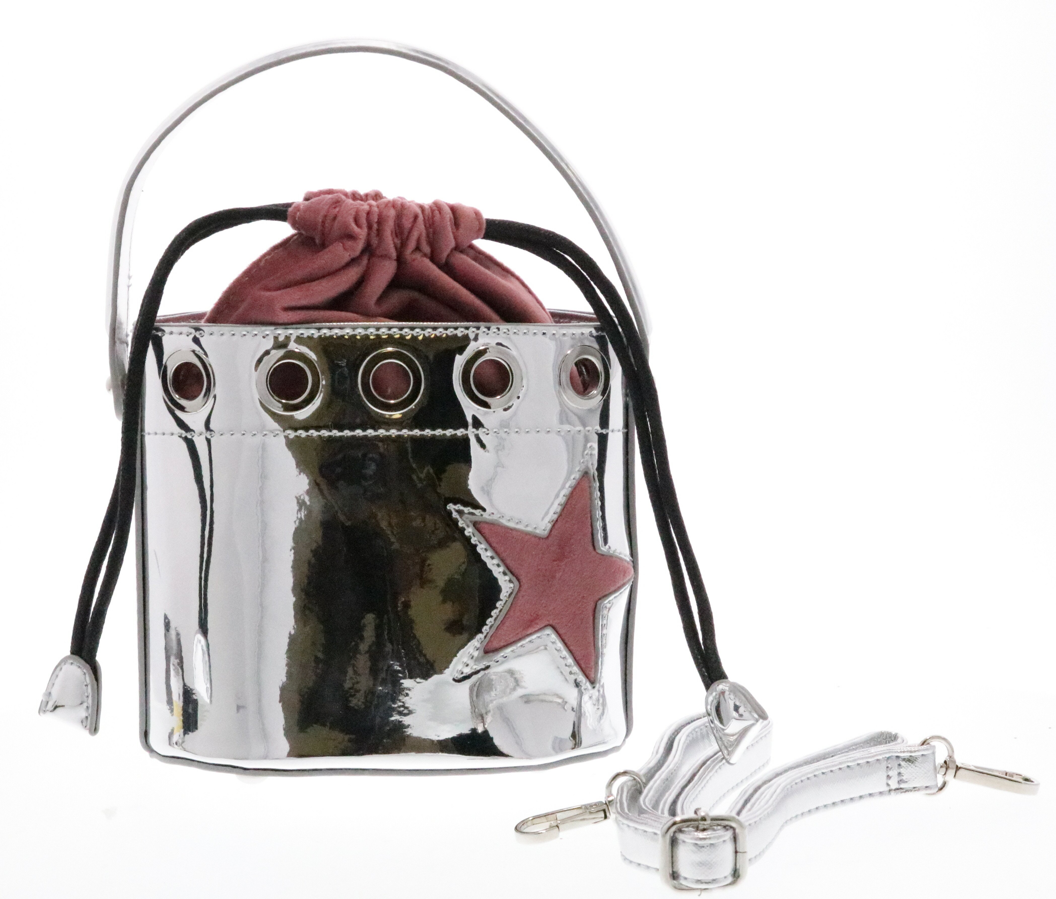 B9541-OS-SKY Raw 7 by Doe A Dear Metallic Strawstring Top Handle Bucket Purse with Star