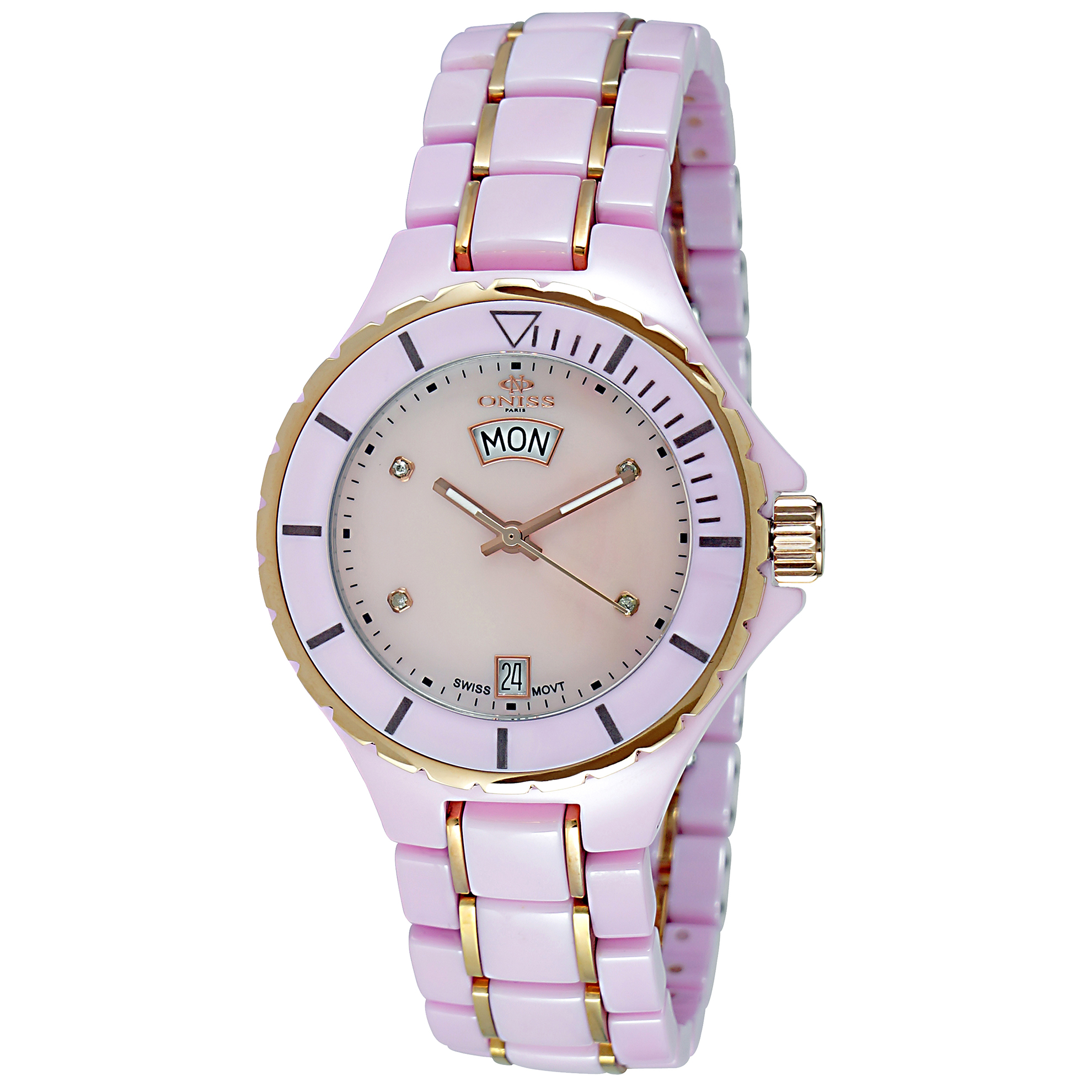Oniss ON8015-LDDRG-PK Oniss Ladies Dimamante Pink Ceramic White Mother of Pearl Dial