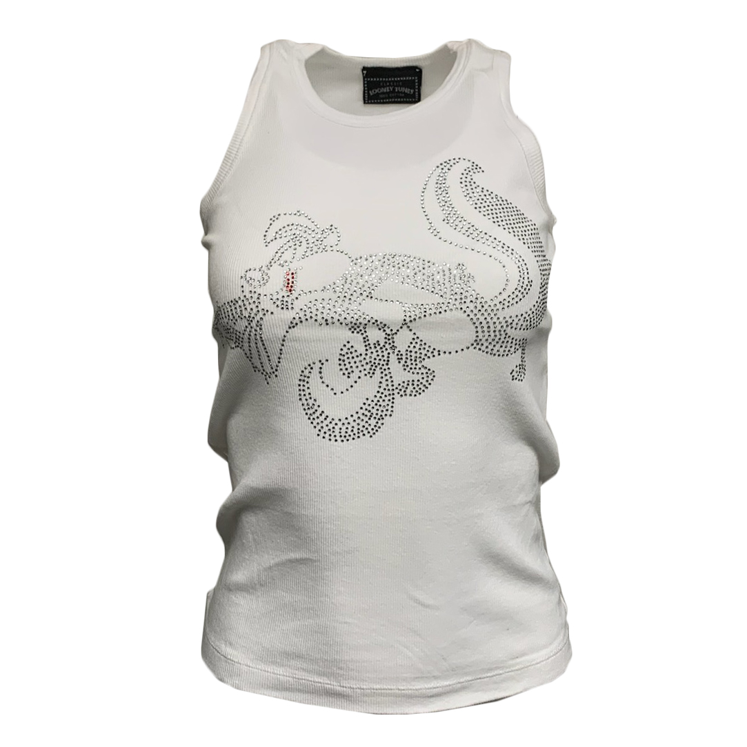 PHST75-PEPELP-WHT Raw7 Women's Looney Tunes Pepe Le Pew Tank Top White with Rhinestones 100% Cotton