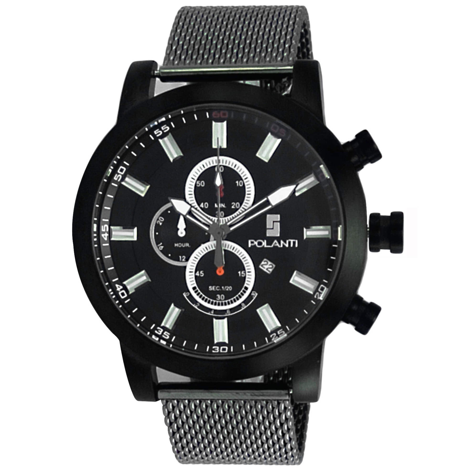Polanti RG0001C-IPB-GNMESH-BK Polanti Retrograde Chronograph All Black with Black Dial Mesh Band