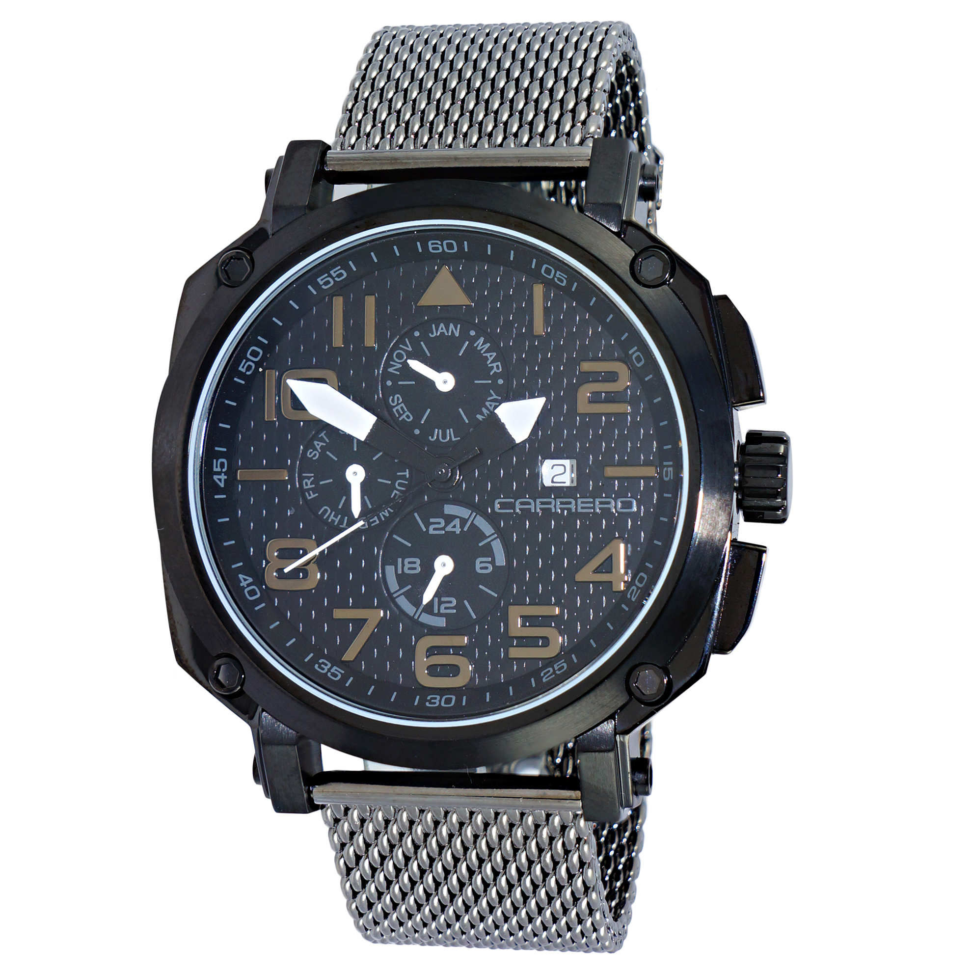 Carrero 9EA141G01-GUN-MESH Carrero Special Edition Swiss Triple Date Black Dial Gunmetal Markers Gunmetal Mesh Band