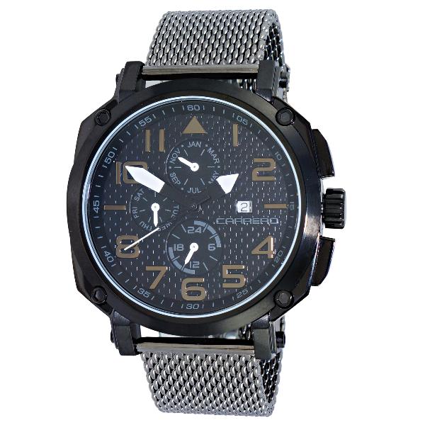 Carrero Special Edition Swiss Triple Date Black Dial Gunmetal Markers Gunmetal Mesh Band, Price: $269