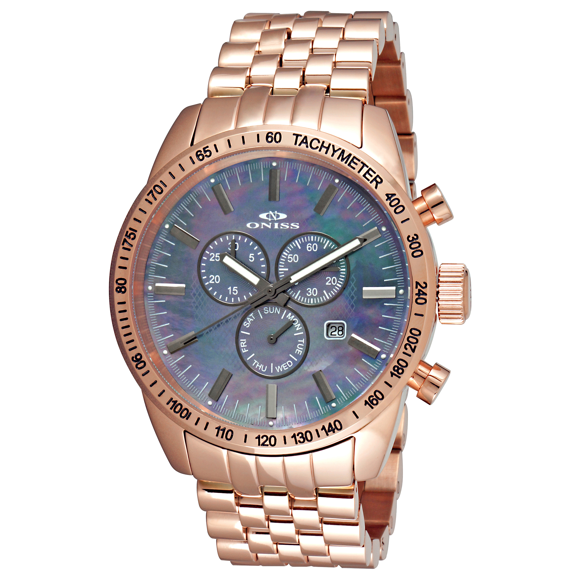 Oniss ON8289-MRG-BK-GUN Oniss Chronograph Rose Gold Silver Markers Platinum Mother of Pearl Dial