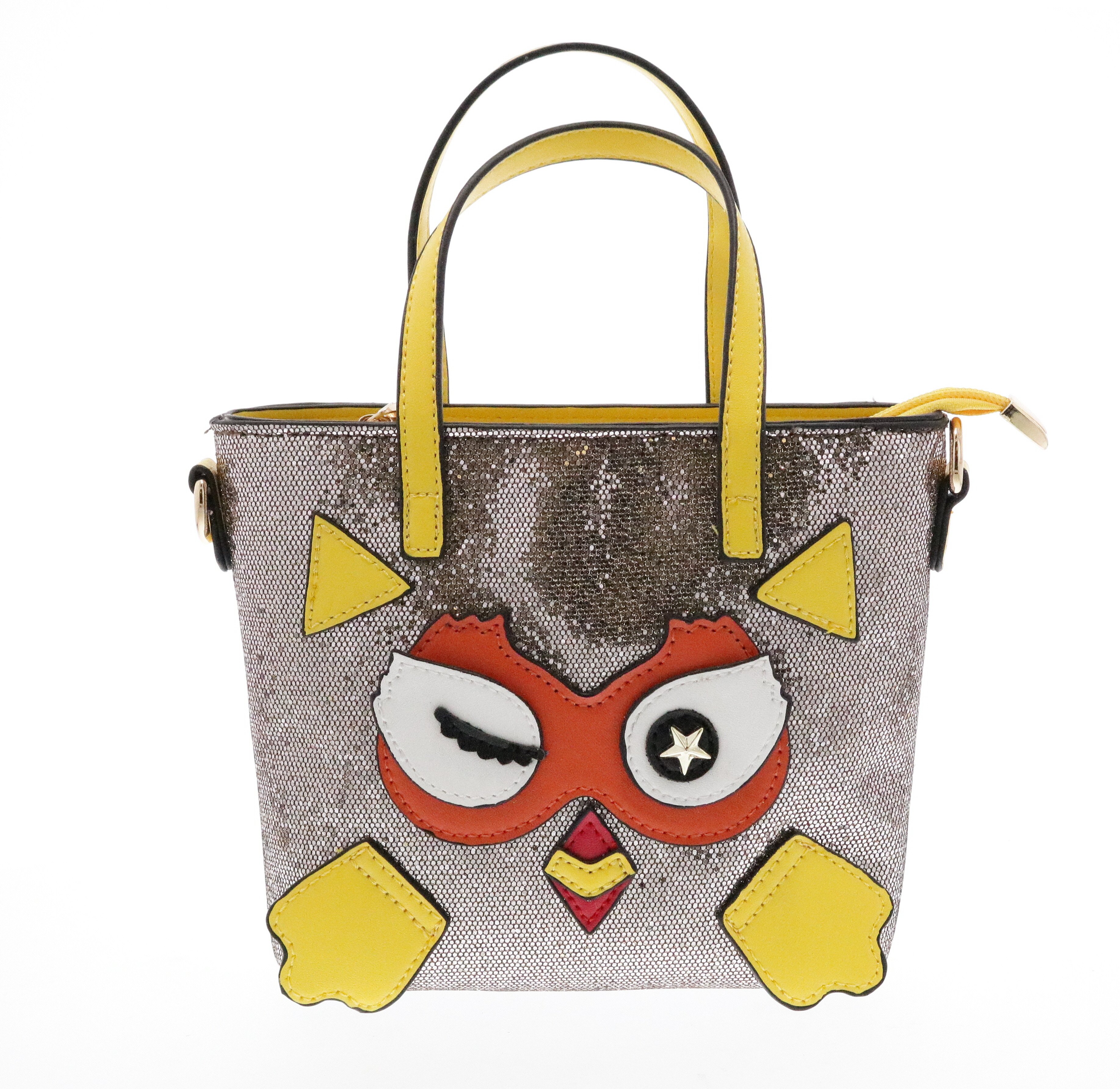B9531-OS-Yellow Raw 7 by Doe A Dear Yellow PU Glitter Top Handle Purse with Winking Owl