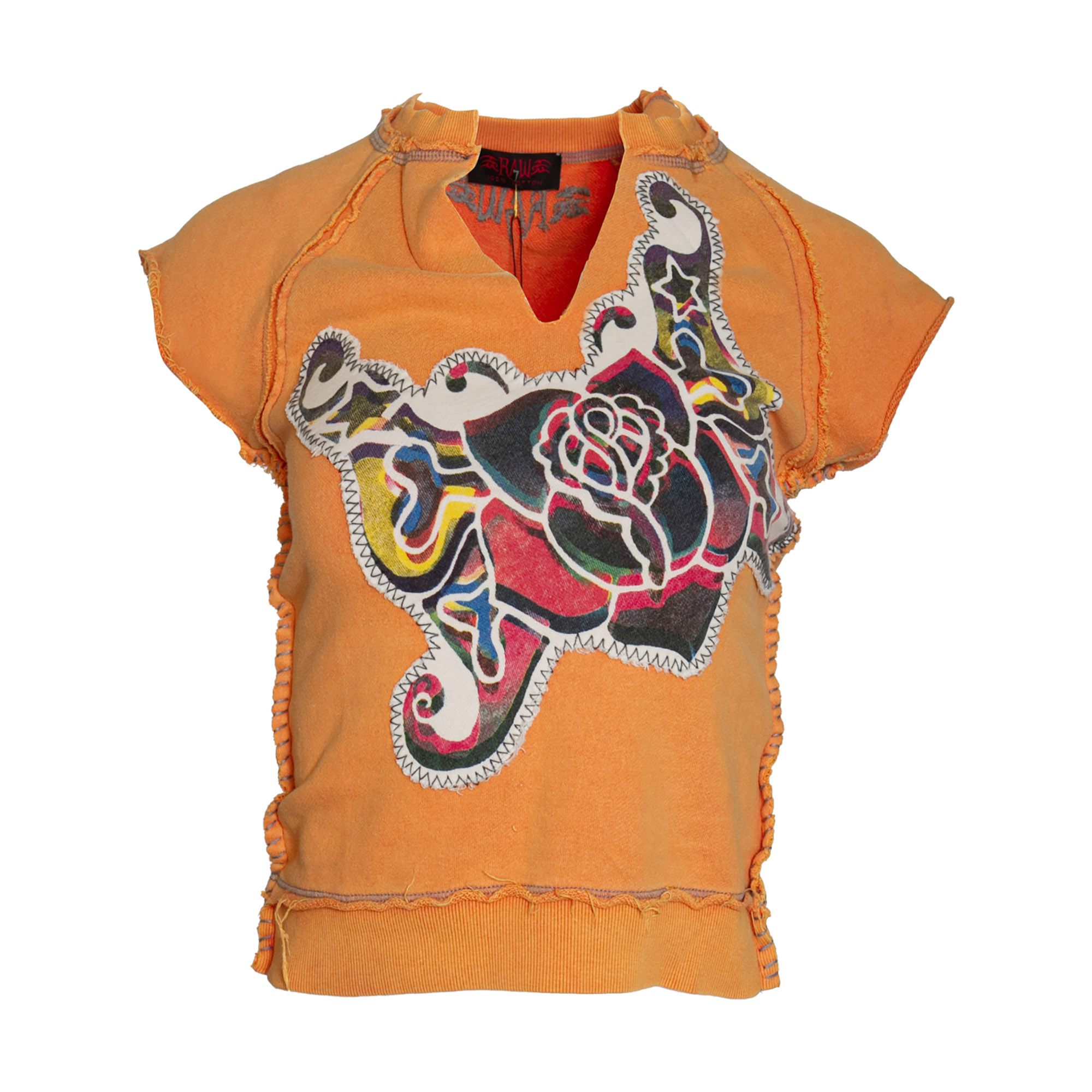 RAW 7 SWSRT102_FLAME_ROSEWING RAW7 Women's Flame Orange Cut Off V-Neck Sweatshirt Short Sleeved - Winged Rose Theme