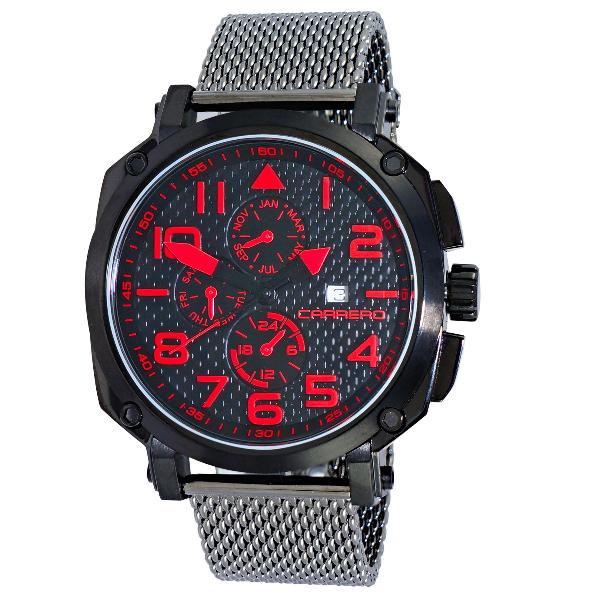 Carrero Special Edition Swiss Triple Date Black/Red Dial Gunmetal Mesh Band, Price: $269