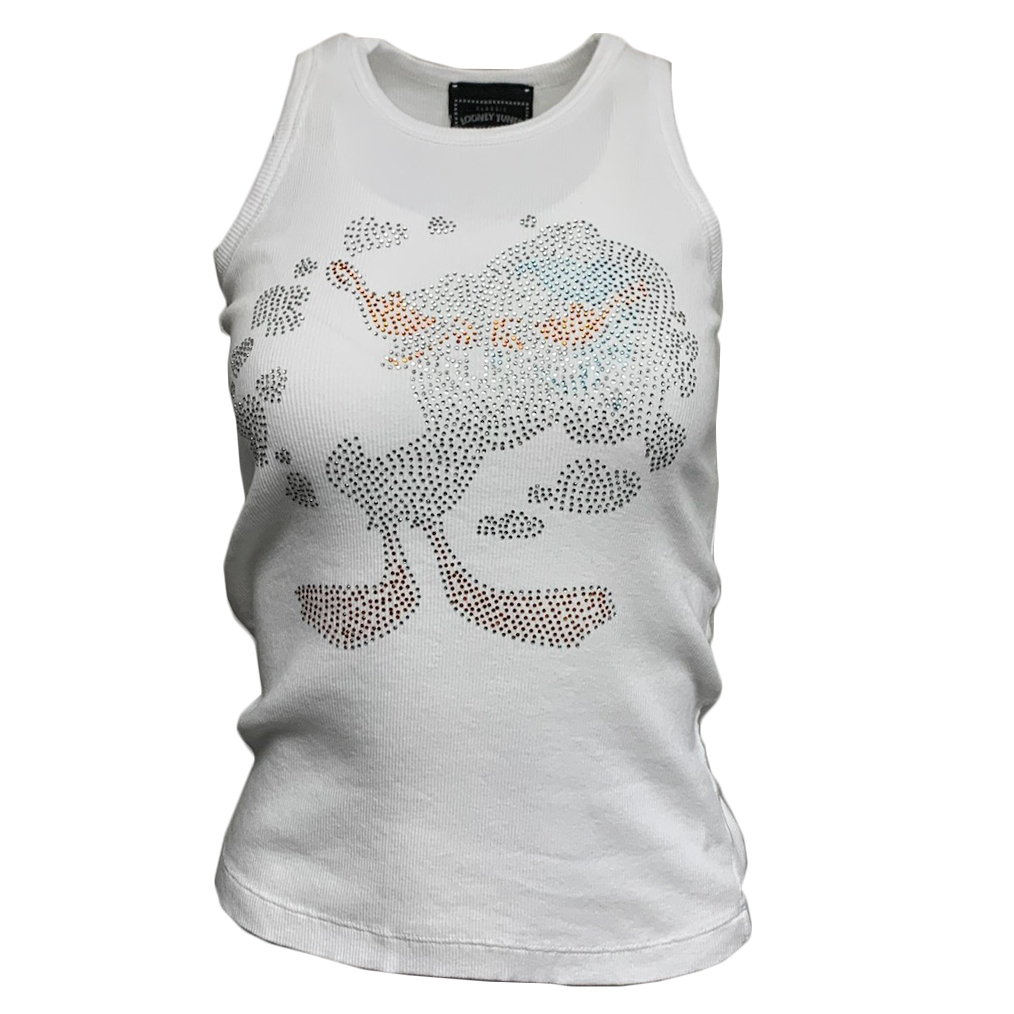 Looney Tunes PHST75-DAFFYD-WHT Raw7 Women's Looney Tunes Daffy Duck Tank Top White with Rhinestones 100% Cotton