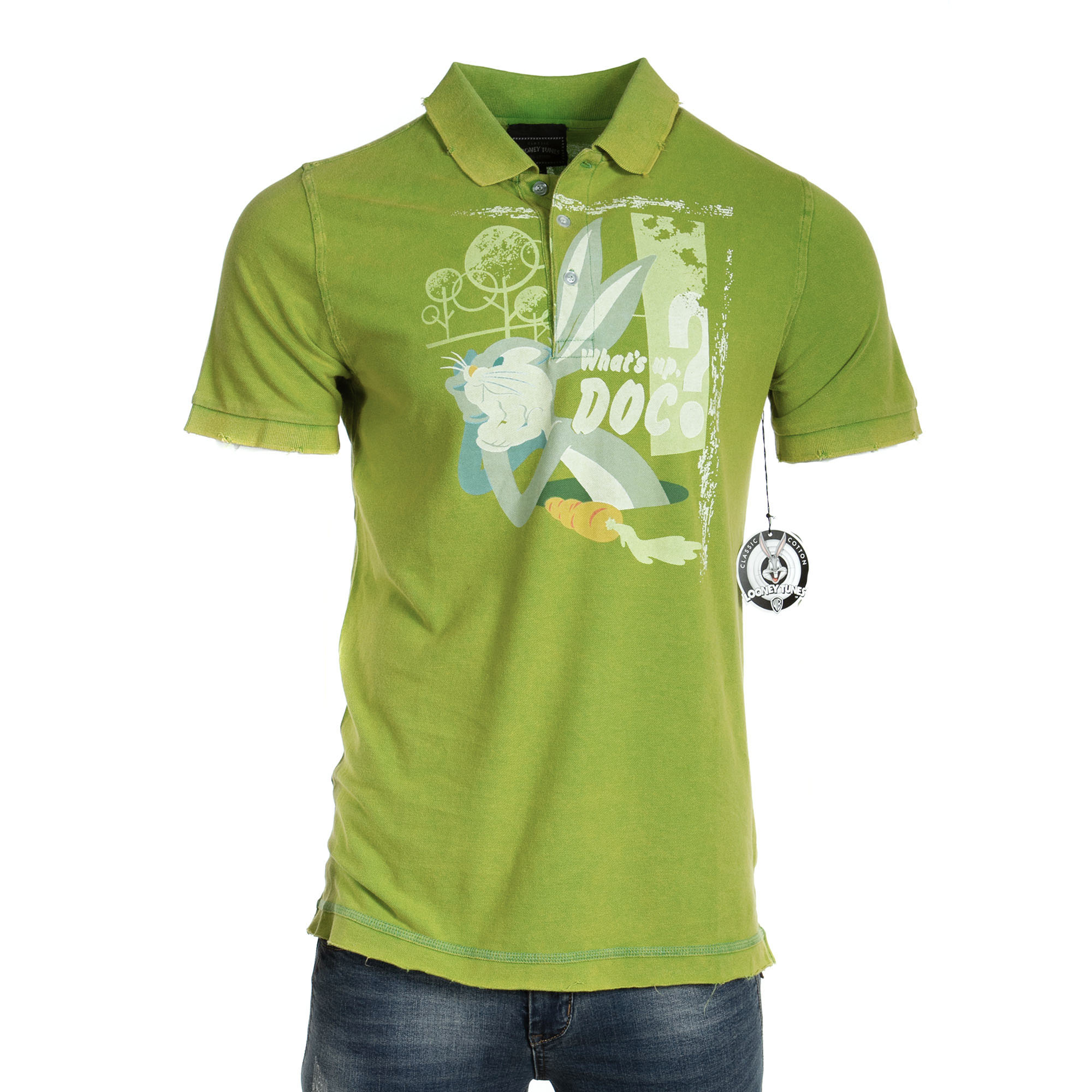 RAW 7 PL98_BUGS_BUNNY_APPLE_GREEN Raw7 Men's Looney Tunes Bugs Bunny Green Polo Shirt