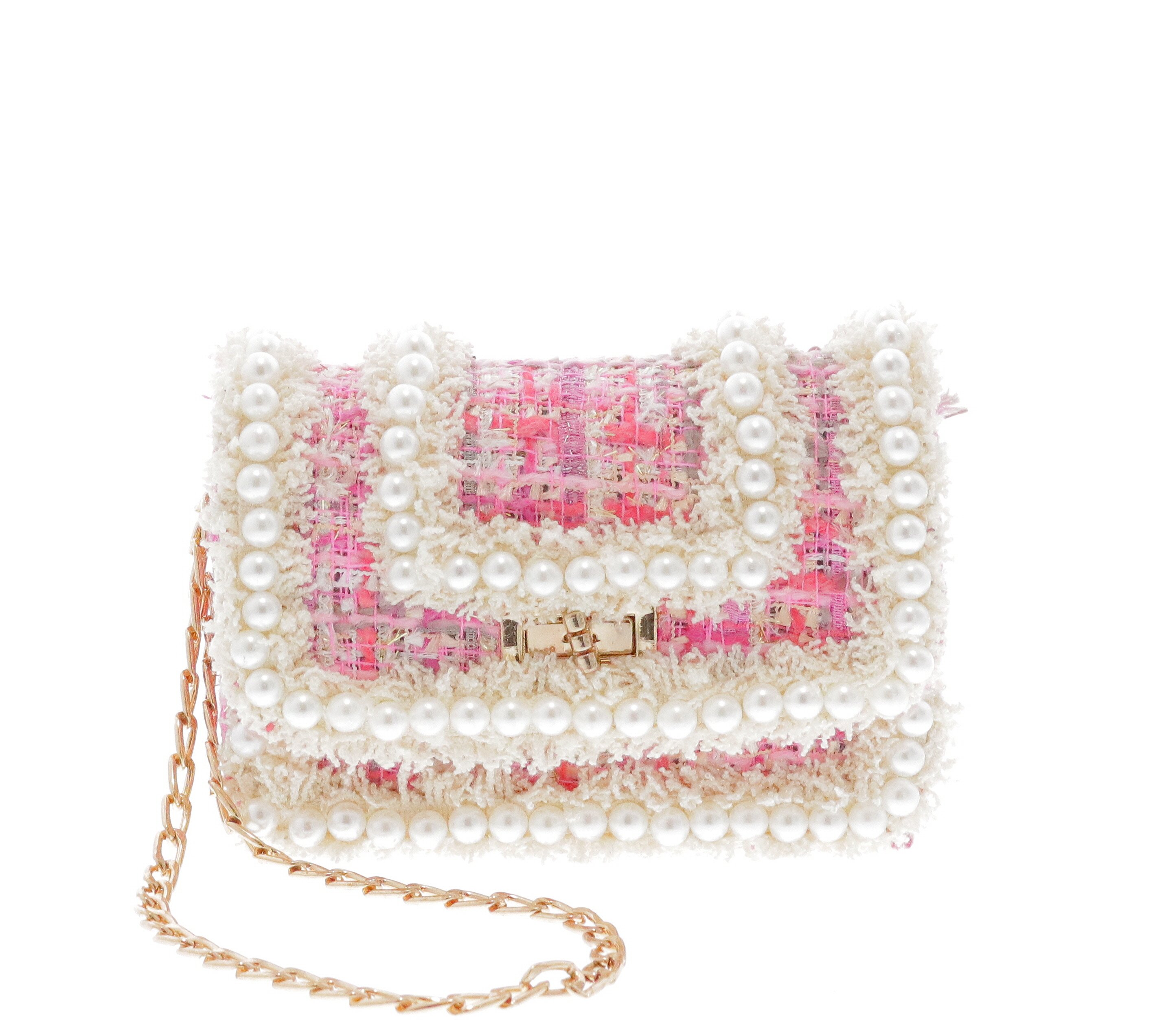 B9544-OS-PINK Raw 7 by Doe A Dear Tweed Crossbody Bag with All Around Pearl Detailing - Pink