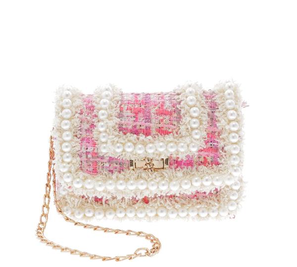 Raw 7 by Doe A Dear Tweed Crossbody Bag with All Around Pearl Detailing - Pink, Price: $46