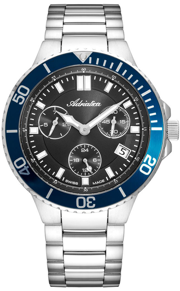 Adriatica A8317.5116QF Adriatica 8317 Mens Date/Day  45mm Gun Metal Dial Blue Bezel Sapphire coated