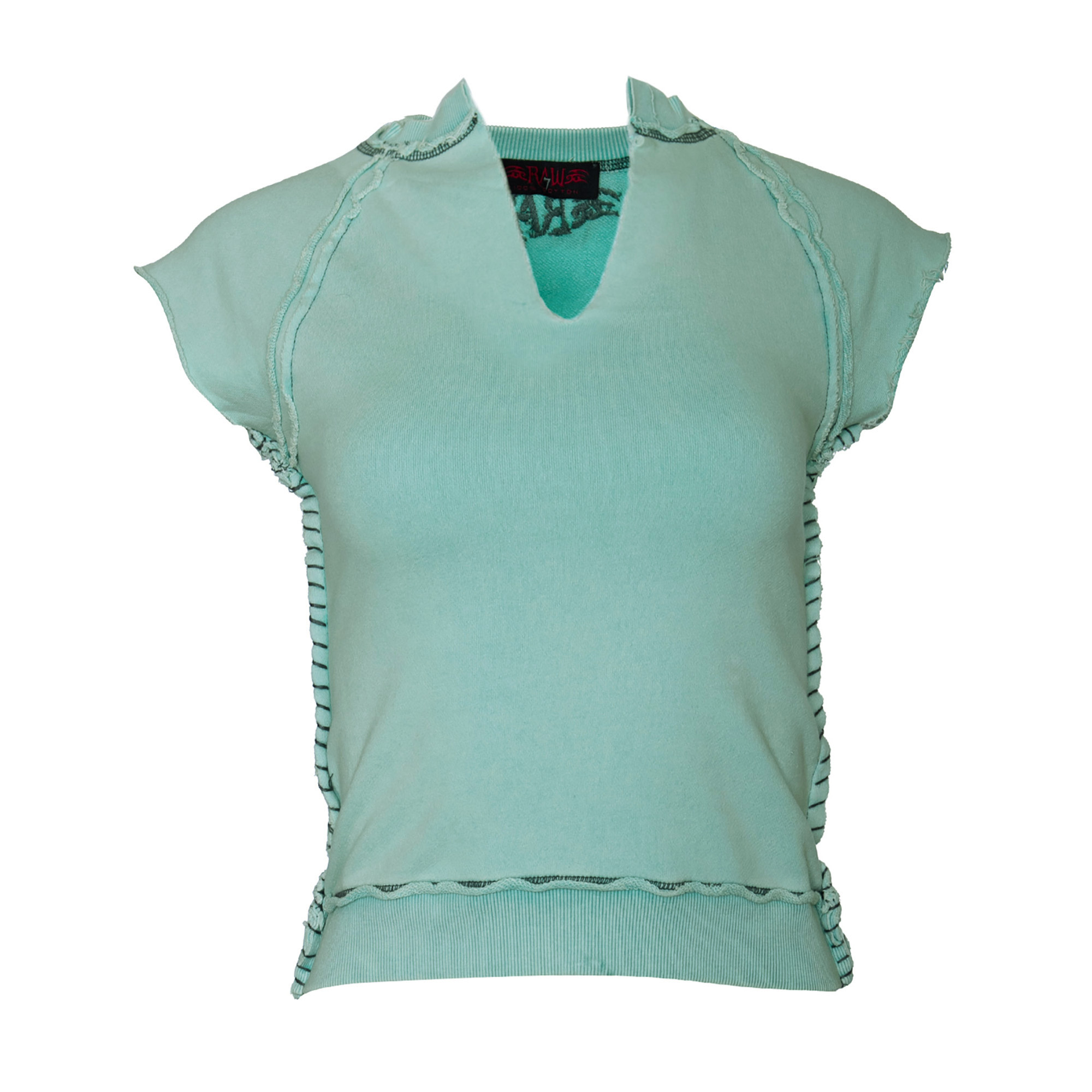 RAW 7 SWSRT102_GREEN_LAGOON_GOTHICSPIKE RAW7 Women's Lagoon Cut Off V-Neck Sweatshirt Short Sleeved - Fleur de Lis Theme