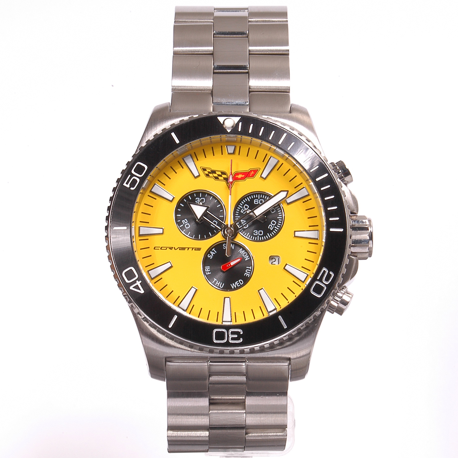 AKCR215-YEL Corvette 215 Swiss Chrono Collection Black Bezel/Yellow Dial Silver Bracelet