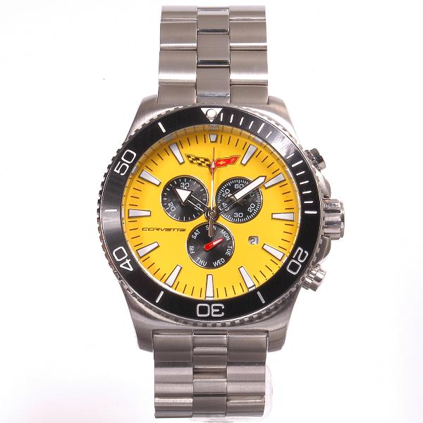 Corvette 215 Swiss Chrono Collection Black Bezel/Yellow Dial Silver Bracelet, Price: $199