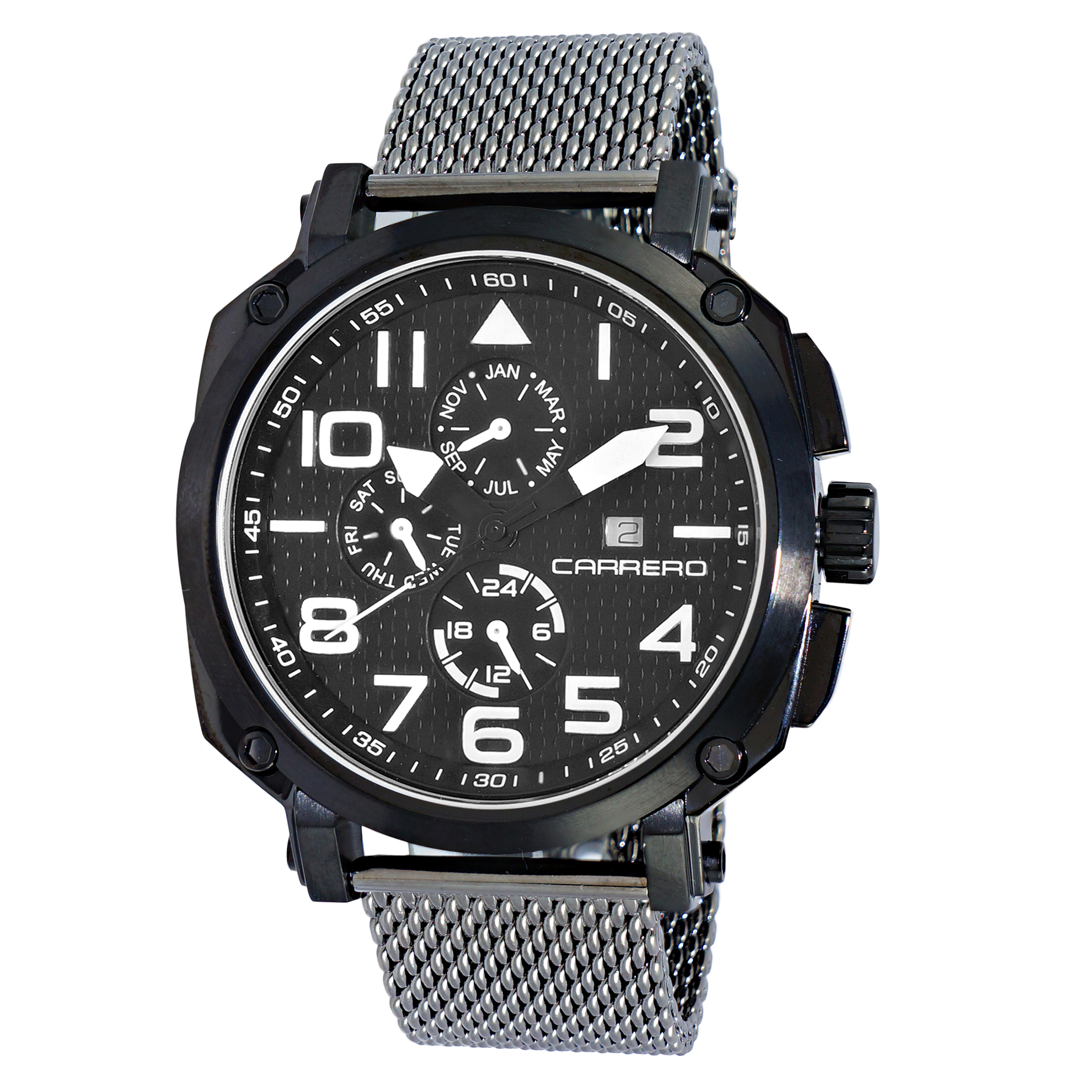 Carrero 9EA141101-GUN-MESH Carrero Special Edition Swiss Triple Date Black Dial White Markers Gunmetal Mesh Band
