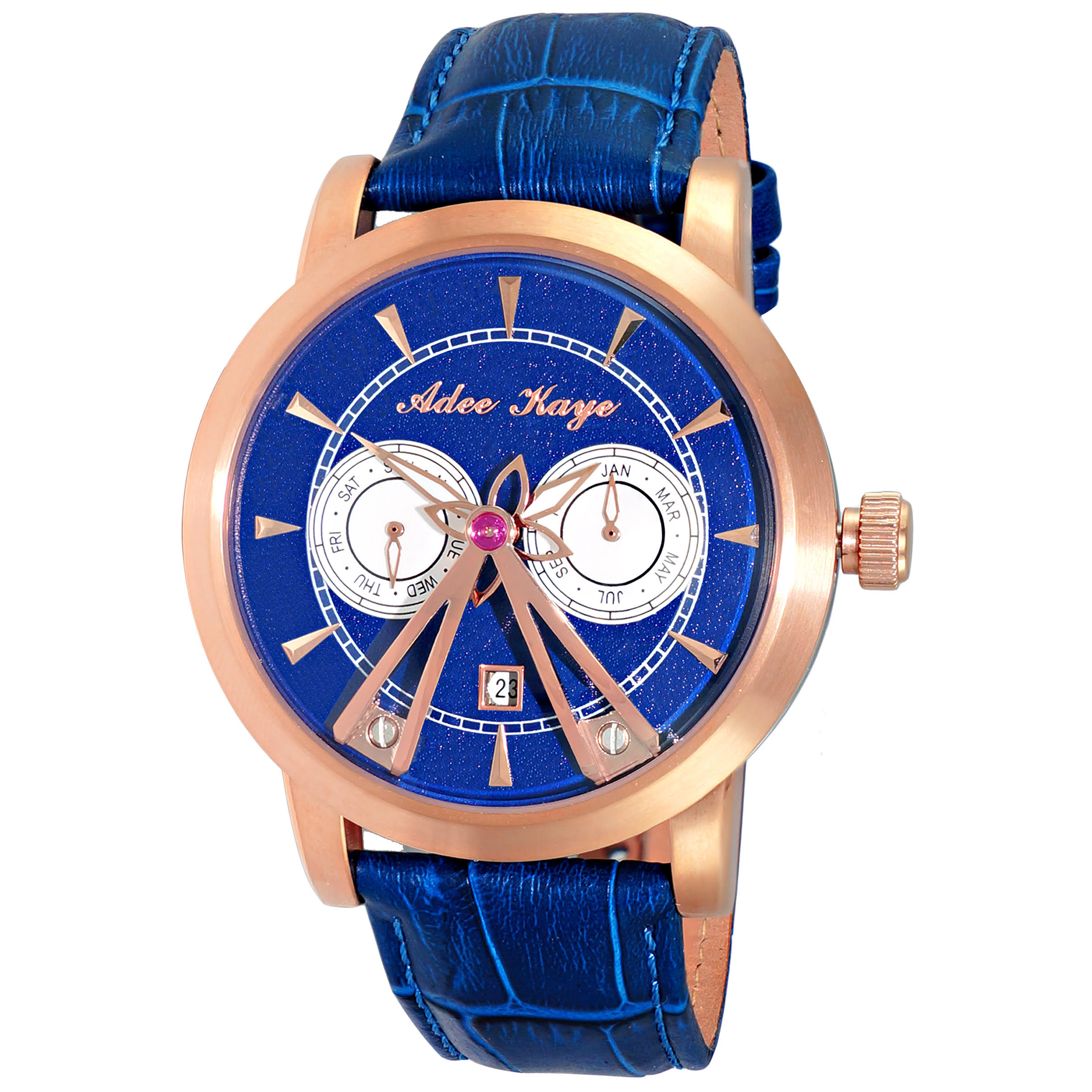 Adee Kaye AK8871-RGBU Adee Kaye of Beverly Hills Triple Date Automatic RG/Blue Blue Strap