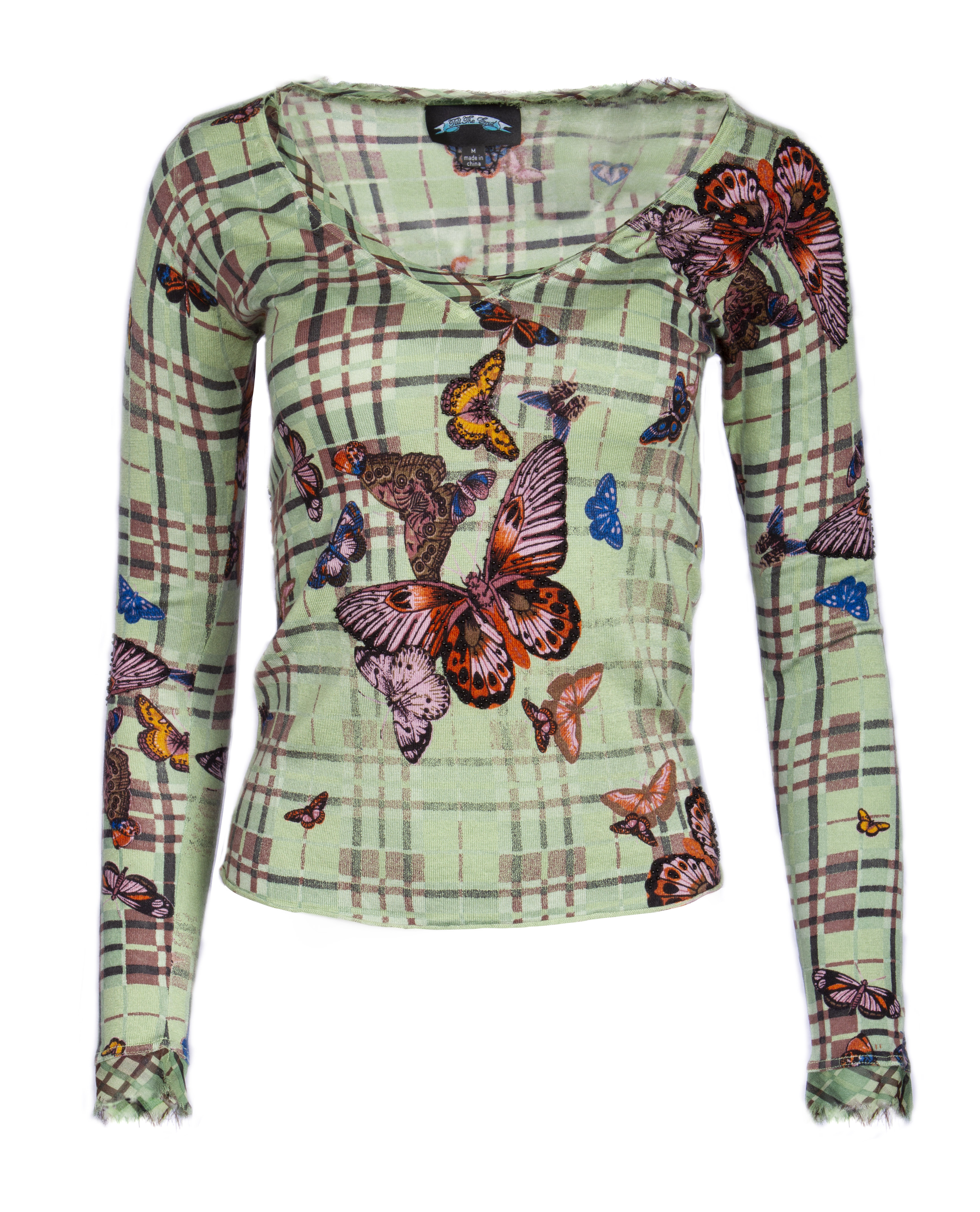 TTK4B02 Till The End Women's V-Neck Top Green with Butterfly Graphics