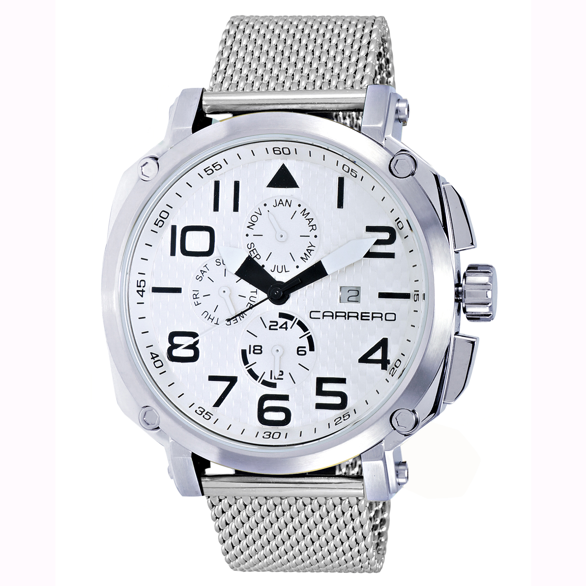 Carrero 9EA141102-WT-MESH Carrero Special Edition Swiss Triple Date White Dial Textured Mesh Band