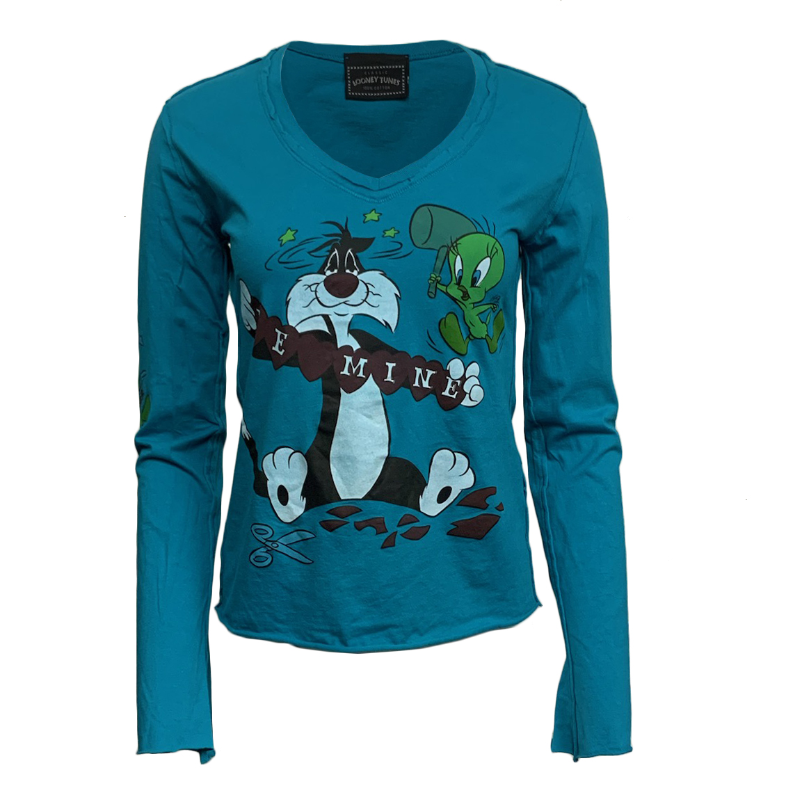 Looney Tunes PTS79-SLV-BLUE Looney Tunes Women's Sylvester & Tweety Long Sleeve V-Neck T-Shirt - Blue