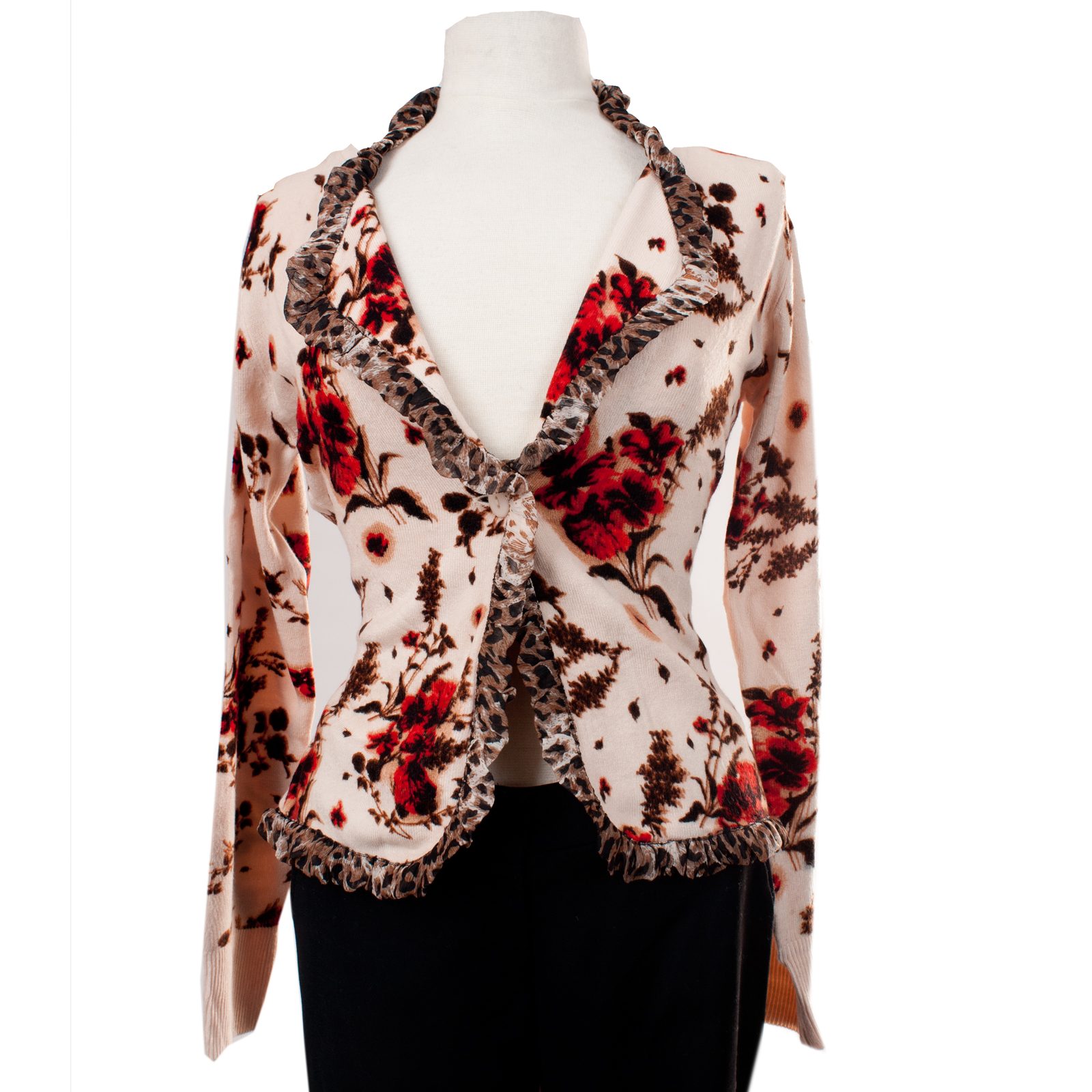 Till The End T09104-Ivory Till the End Ladies Ivory Cardigan w/ Red Flower Print