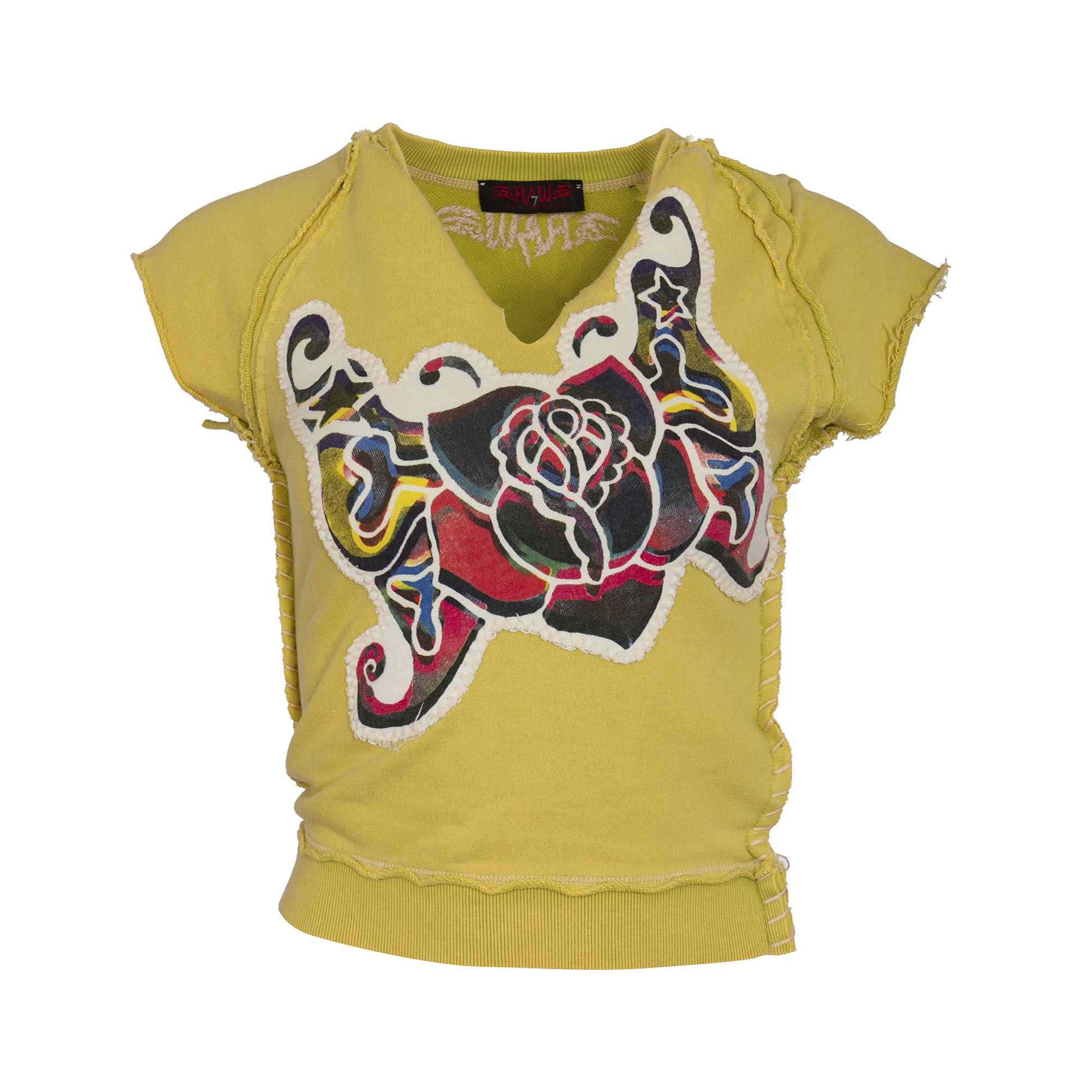 RAW 7 SWSRT102_MUST RAW7 Women's Green Cut Off V-Neck Sweatshirt Short Sleeve - Winged Rose Theme
