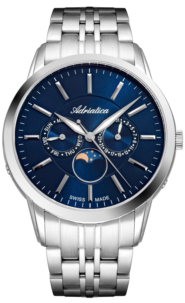 Adriatica Men 8306 Date/Day MoonPhase 43mm Blue Dial Swiss Made Stainless Steel Case, Price: $409