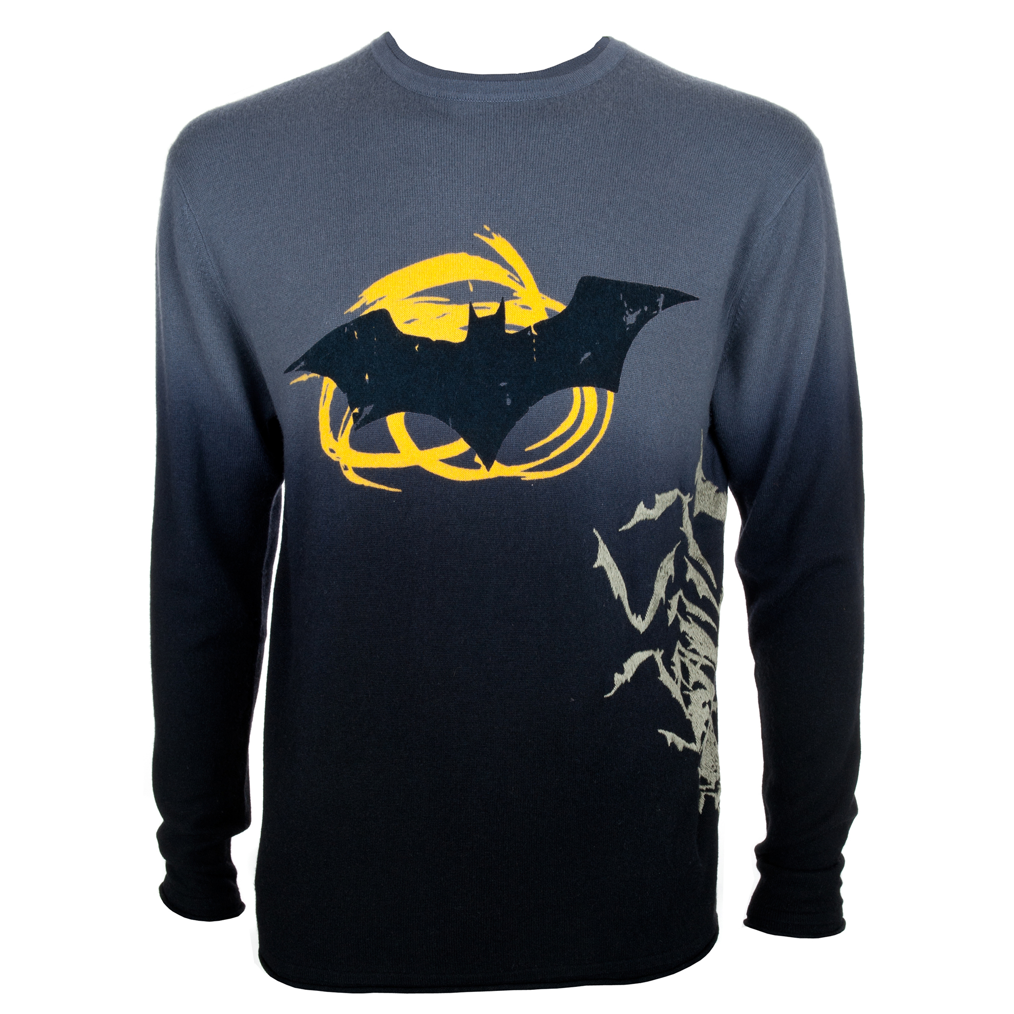 PCSH26-Batman-Blue DC Comics Men's 100% Cashmere Batman Sweater Embroidered Flying Bats