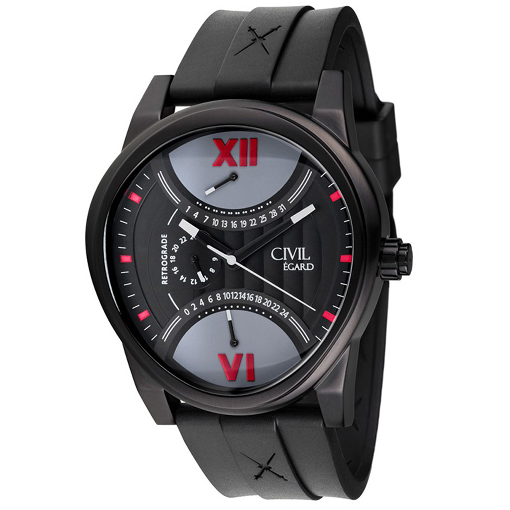 Egard CVL-FORT-BLK Egard Fortitude Dual Retrograde 2 Time Zone Black IP/Red