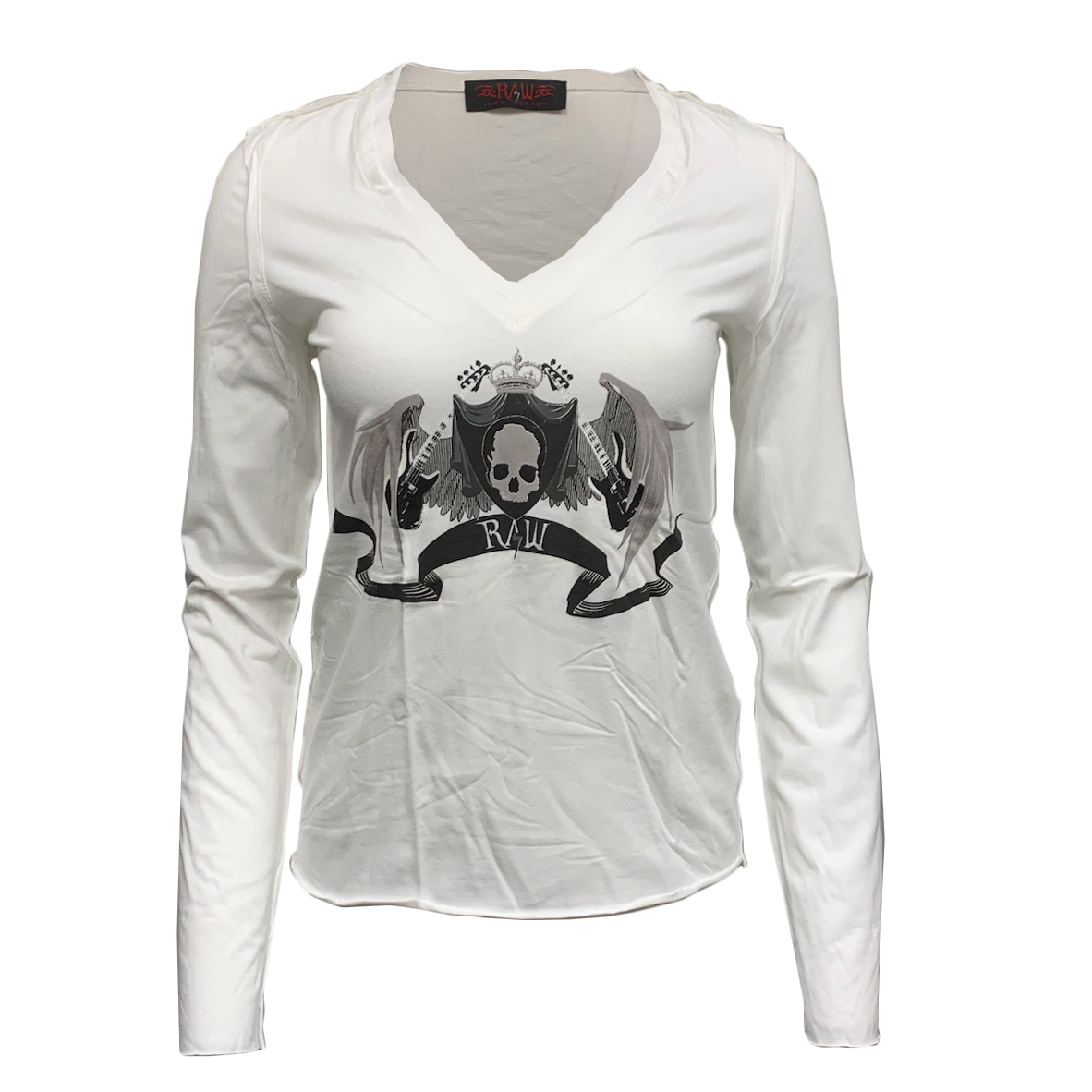 RAW 7 R7TS22-SKULLWING-WHT Raw7 Women's V-Neck T-Shirt Skullwing/Guitars - White