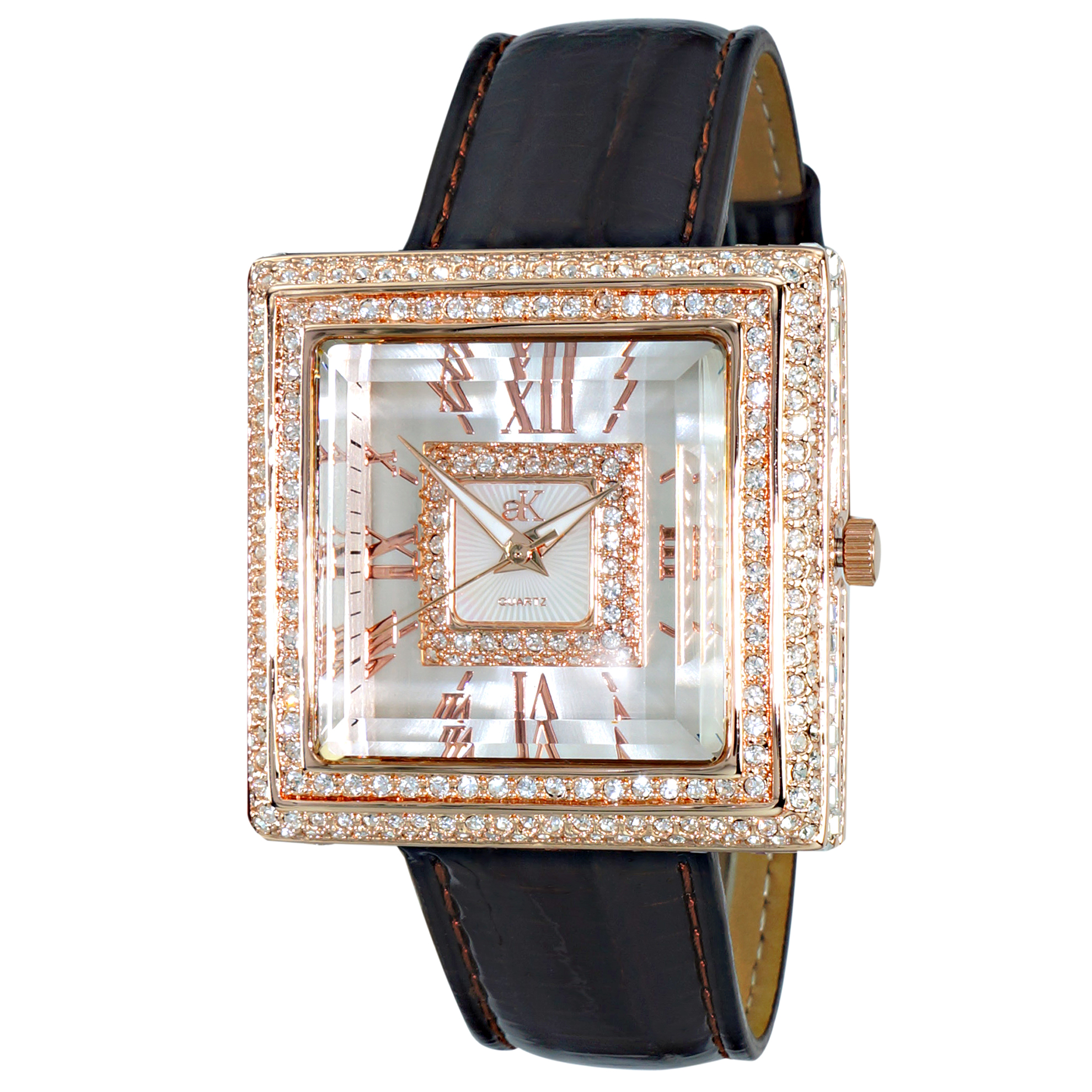 Adee Kaye AK25-LRG Adee Kaye Ladies Milan Collection 370 Austrian Crystals Rose Gold Black Leather Band