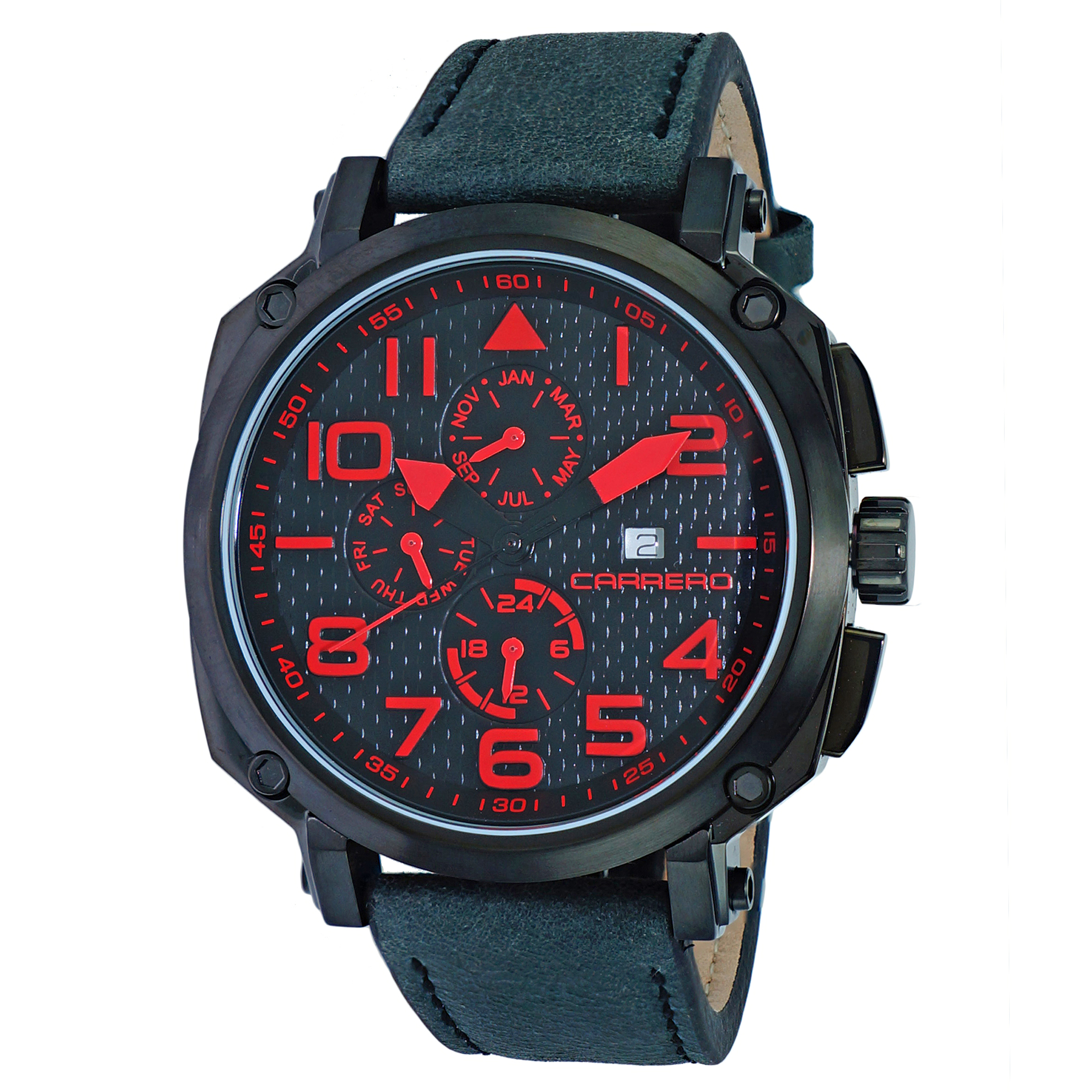 Carrero 9EA141N01 Carrero Special Edition Swiss Multi-Function Red/Black Textured Dial Black Leather Strap