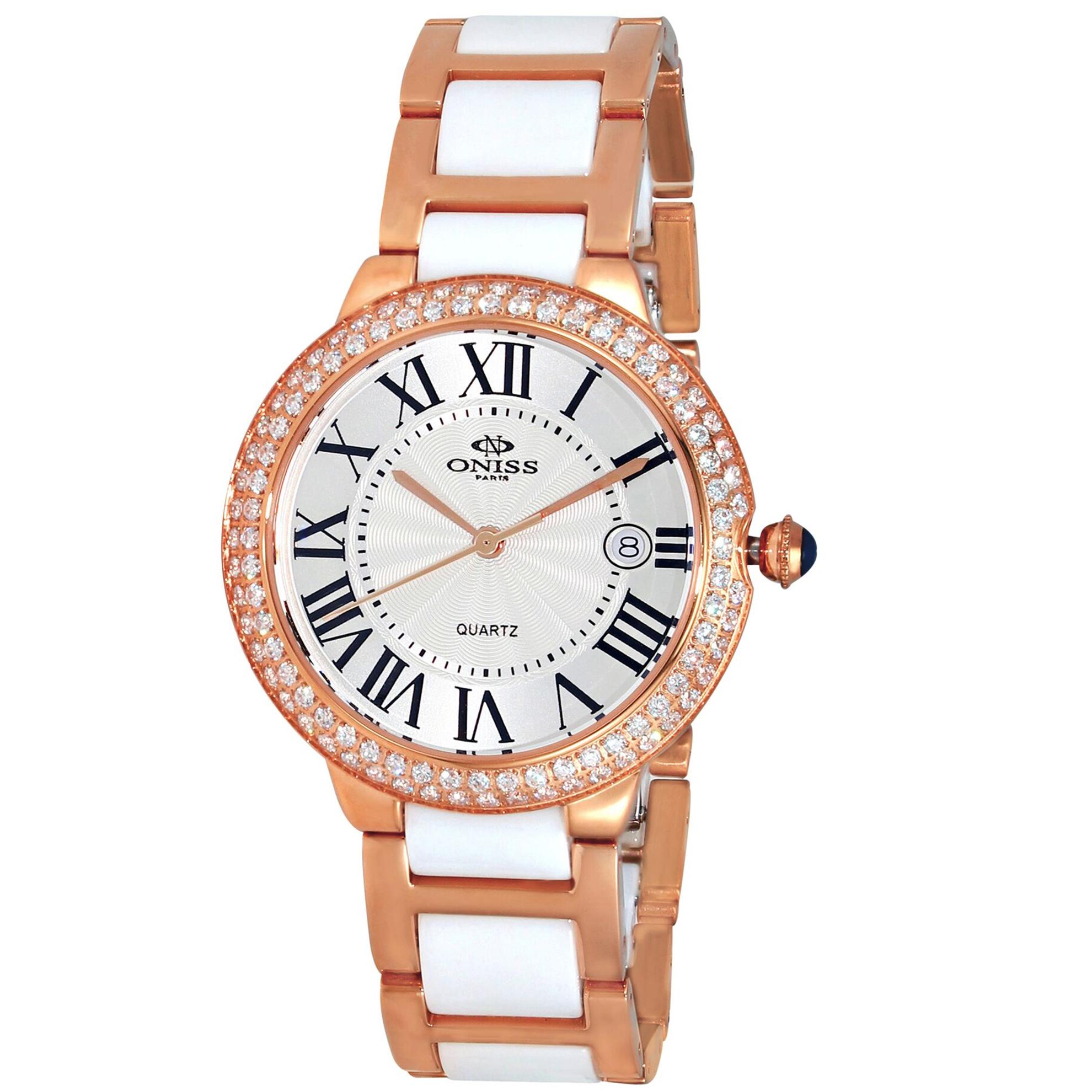 Oniss ON3331-LRGWT Oniss Ladies Rose Tone White Ceramic Silver Dial